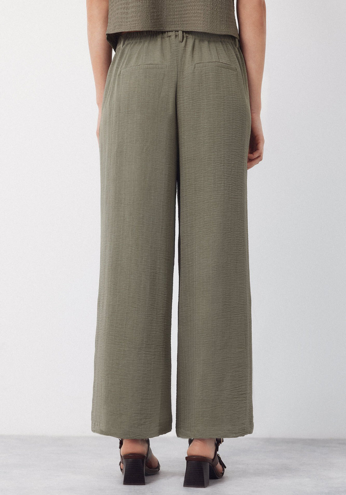 Cortefiel Textured Wide Ankle Pants - Green 2 Shaws Department Stores