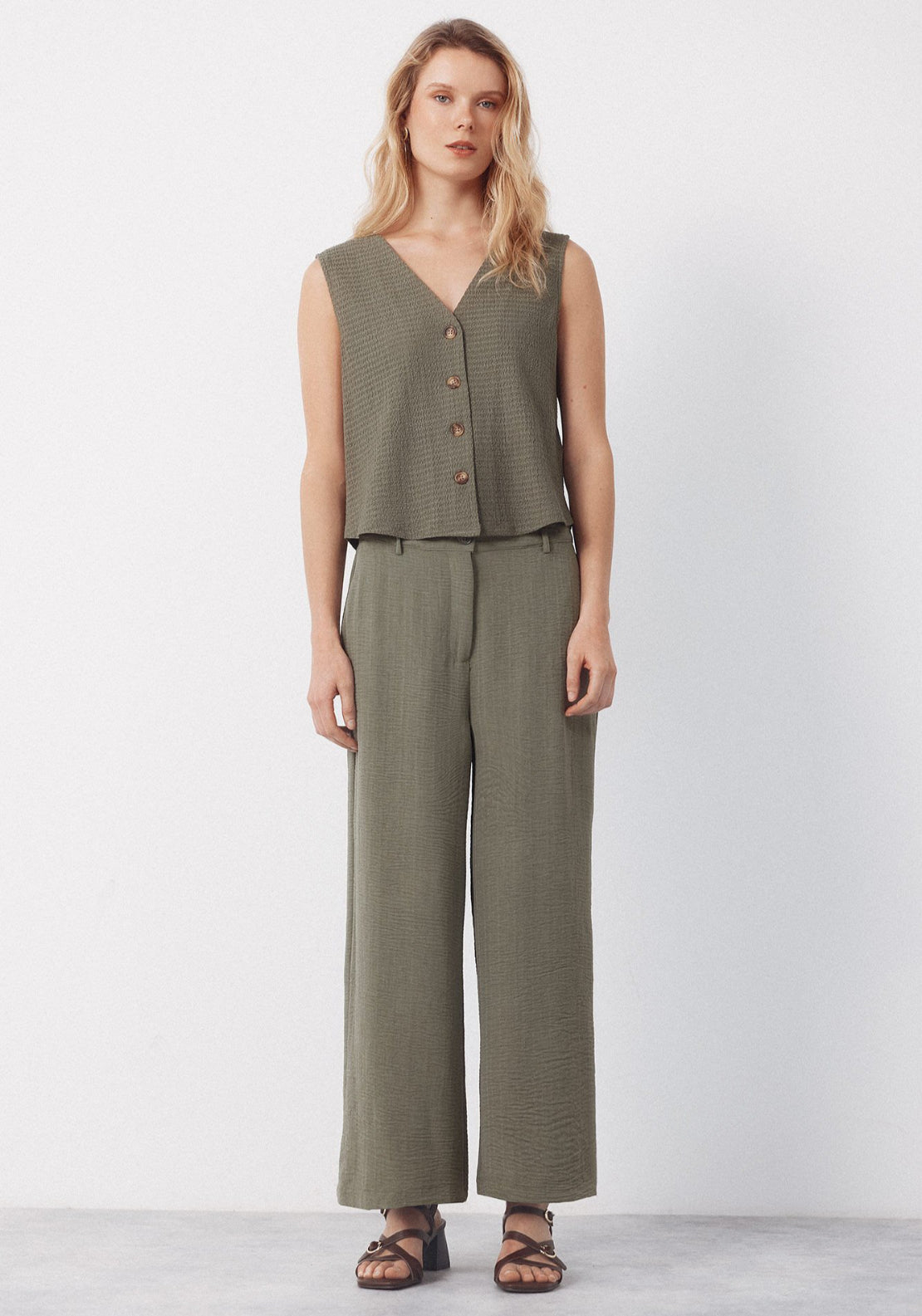 Cortefiel Textured Wide Ankle Pants - Green 5 Shaws Department Stores