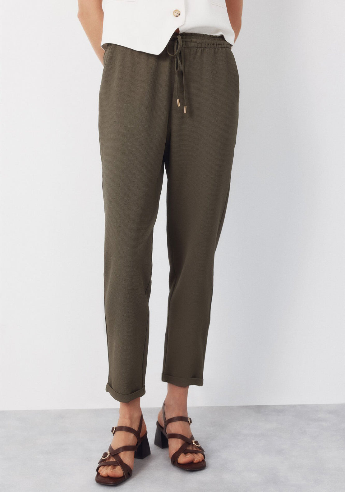 Cortefiel Flowy Textured Ruffle Trousers - Green 1 Shaws Department Stores