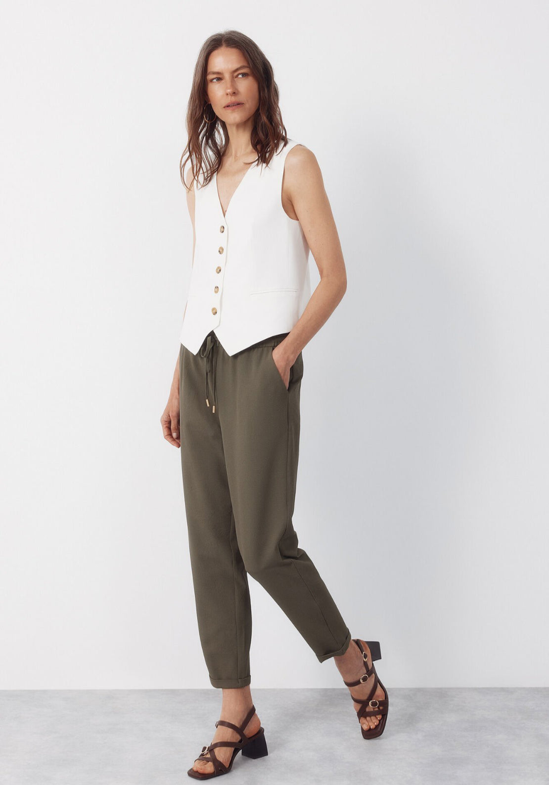 Cortefiel Flowy Textured Ruffle Trousers - Green 5 Shaws Department Stores