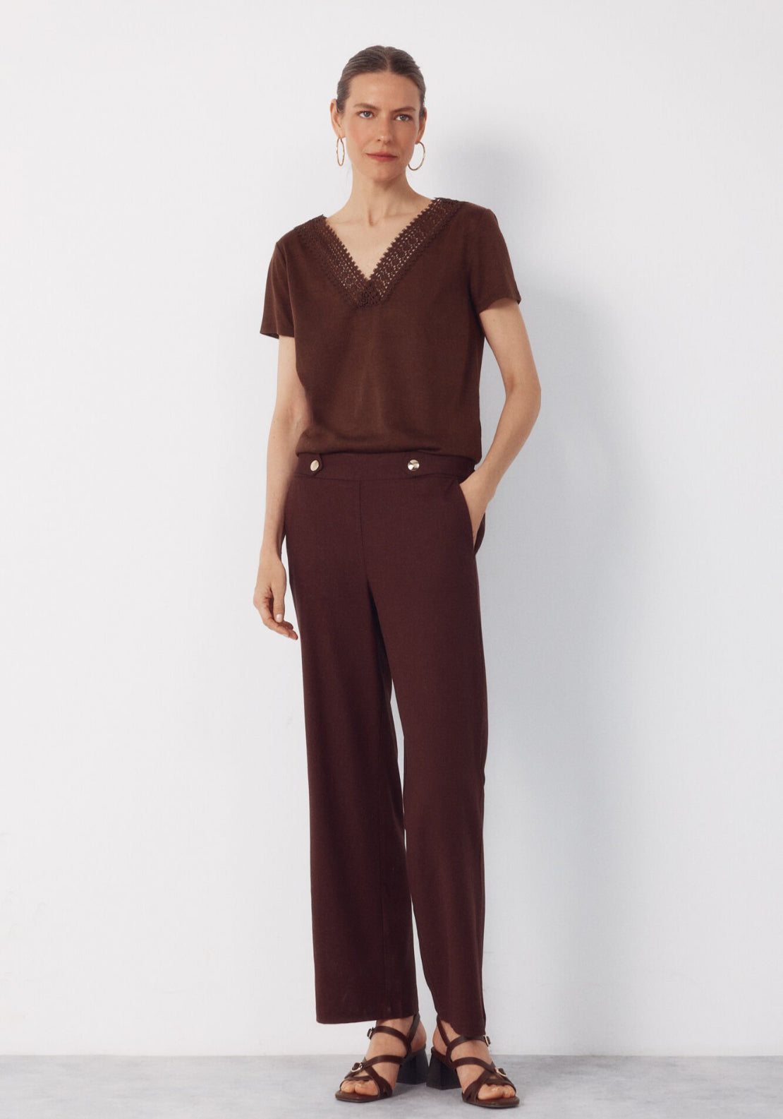 Cortefiel Linen Trousers With Gold Buttons - Brown 6 Shaws Department Stores