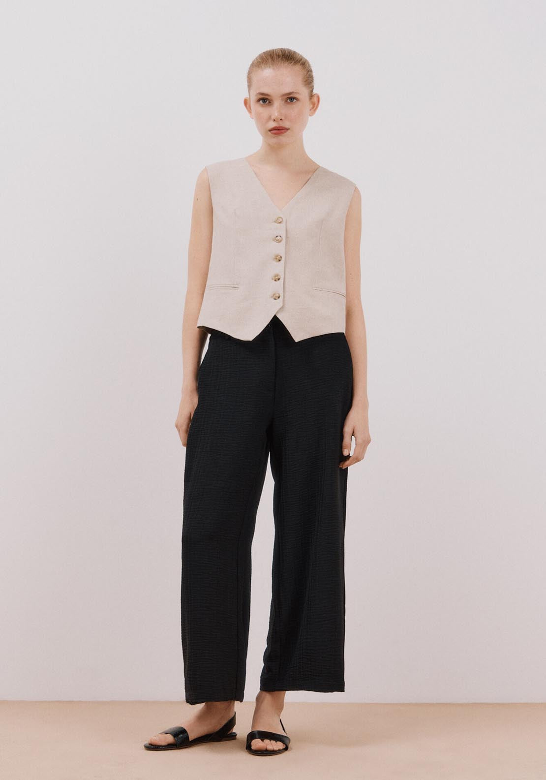 Cortefiel Wide Leg Ankle Length Trousers - Black 3 Shaws Department Stores