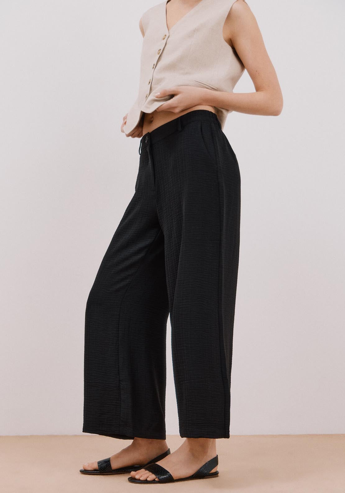 Cortefiel Wide Leg Ankle Length Trousers - Black 4 Shaws Department Stores