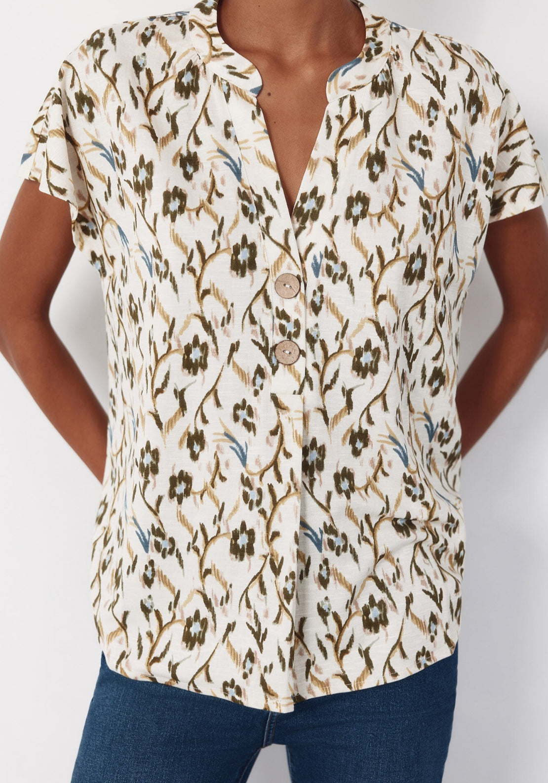 Rustic Short Sleeve V-Neck Blouse - Green Print