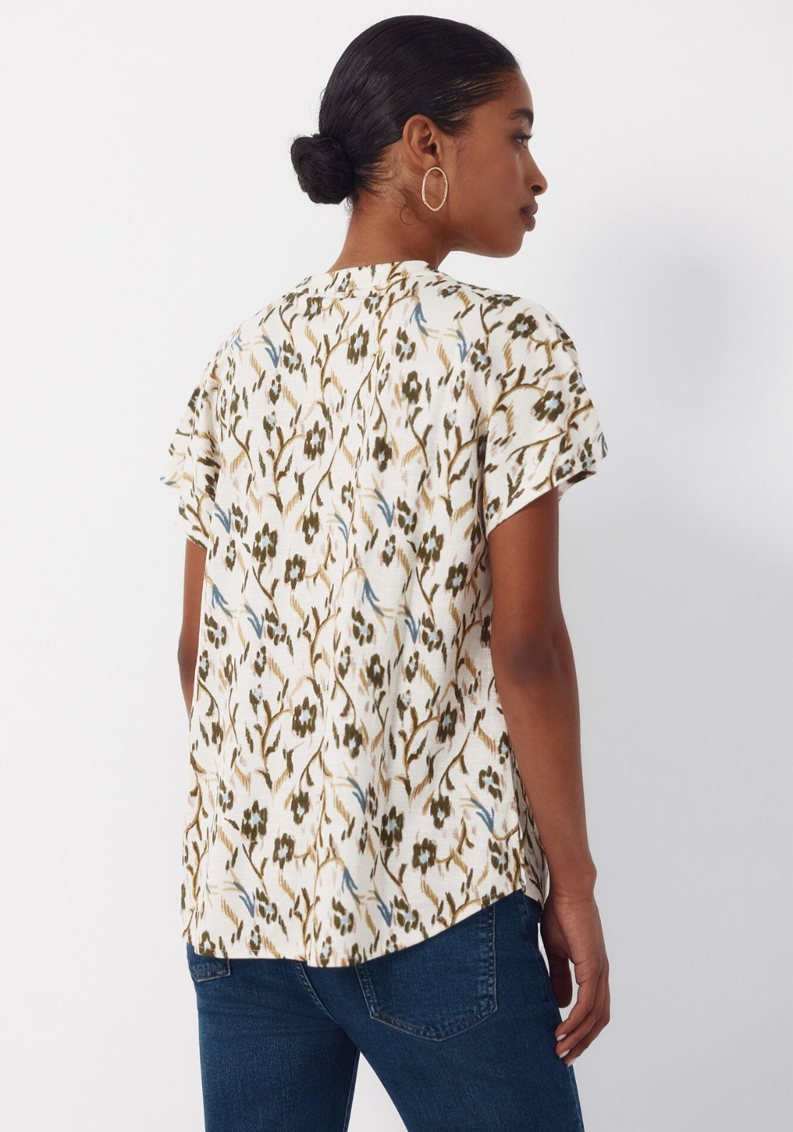 Rustic Short Sleeve V-Neck Blouse - Green Print