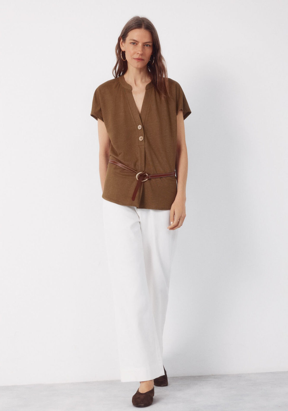 Cortefiel Rustic Short Sleeve V-Neck Blouse - Green 4 Shaws Department Stores