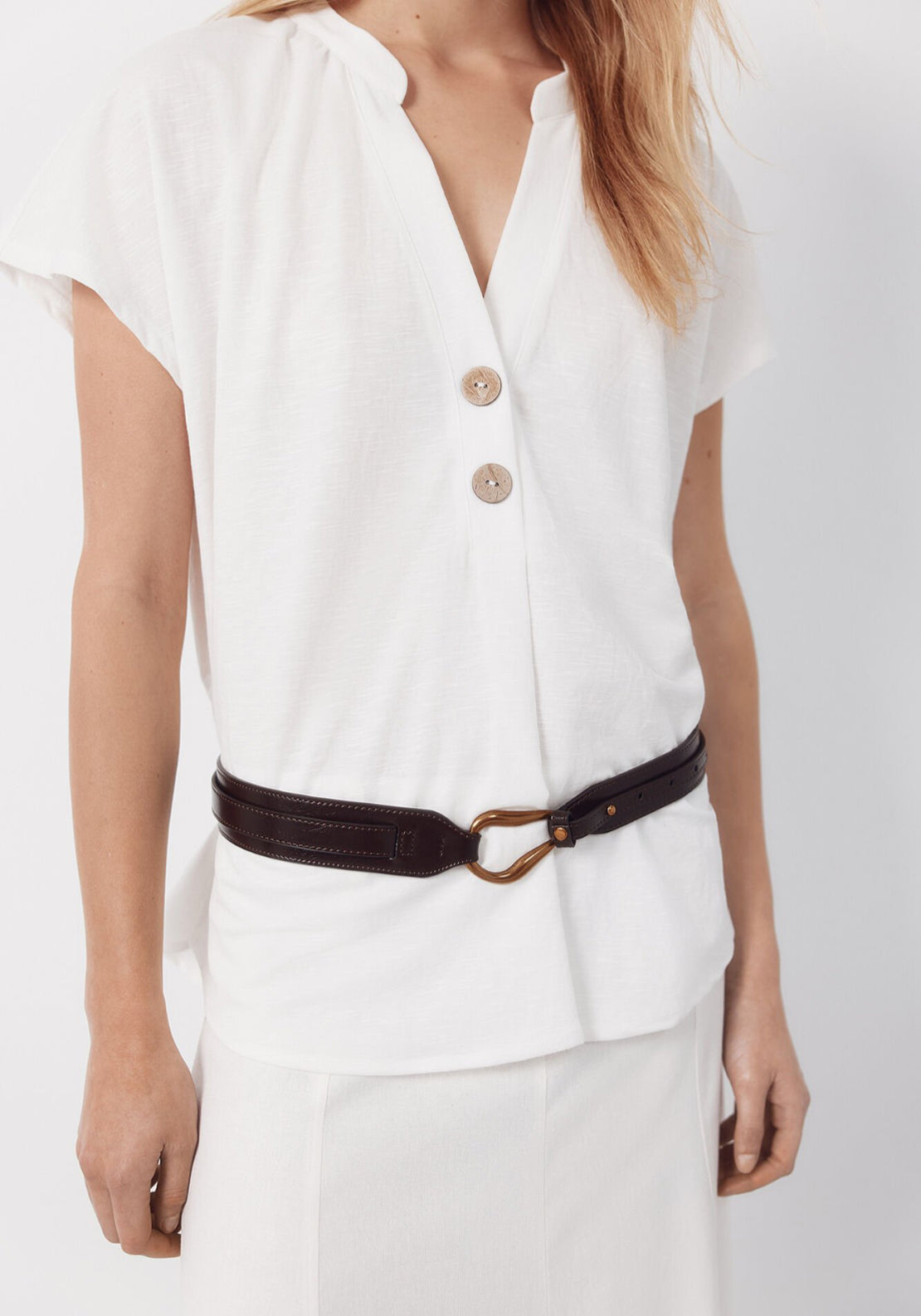 Cortefiel Rustic Short Sleeve V-Neck Blouse - White 4 Shaws Department Stores