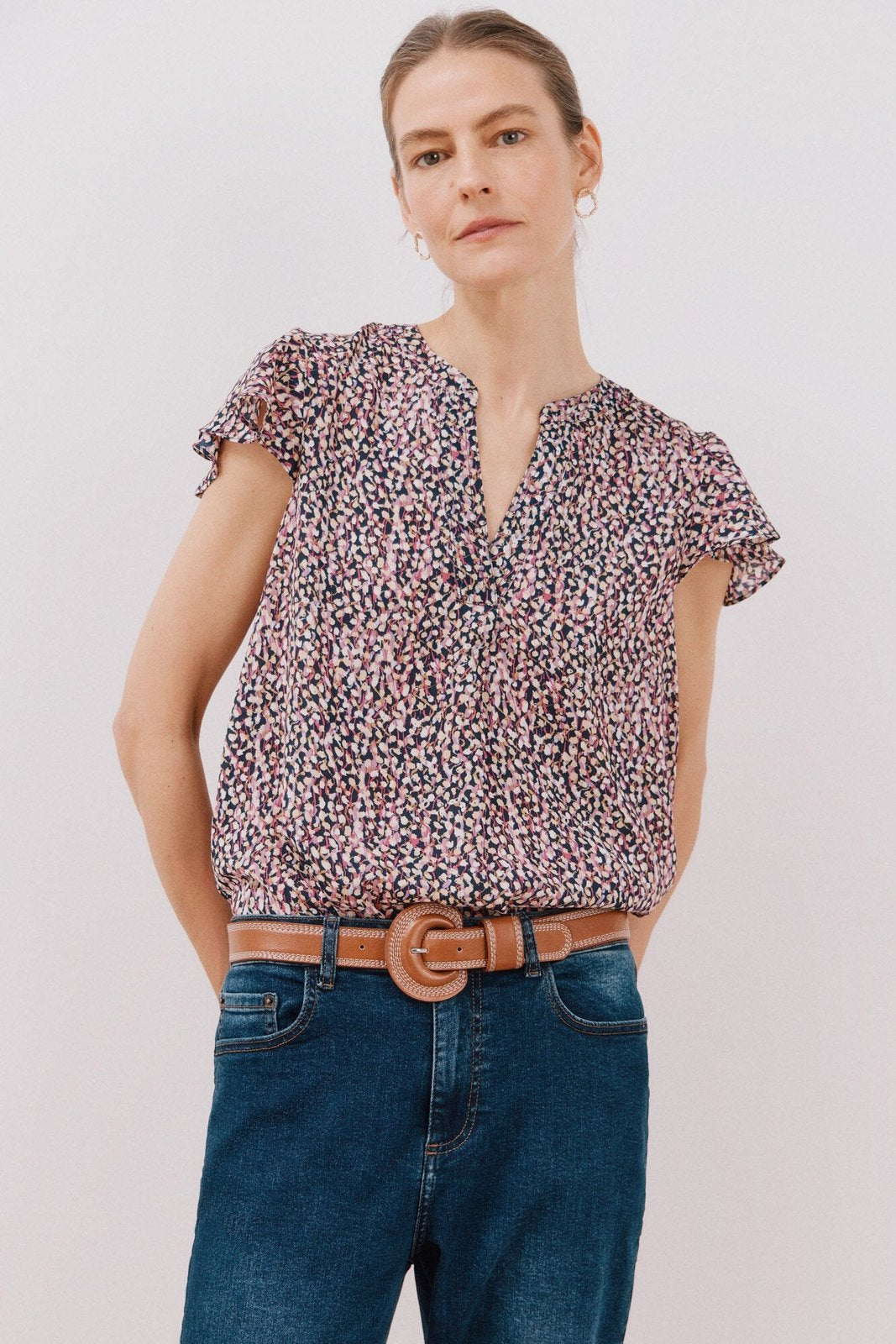 Cortefiel Ruffle sleeve blouse - Gray Print 1 Shaws Department Stores