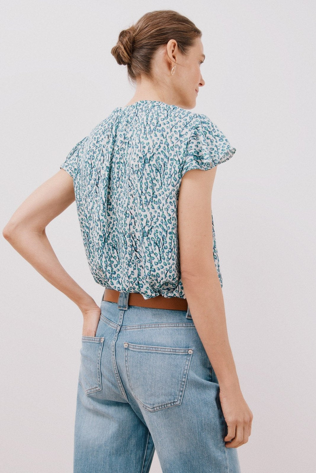 Cortefiel Ruffle sleeve blouse - White Print 3 Shaws Department Stores