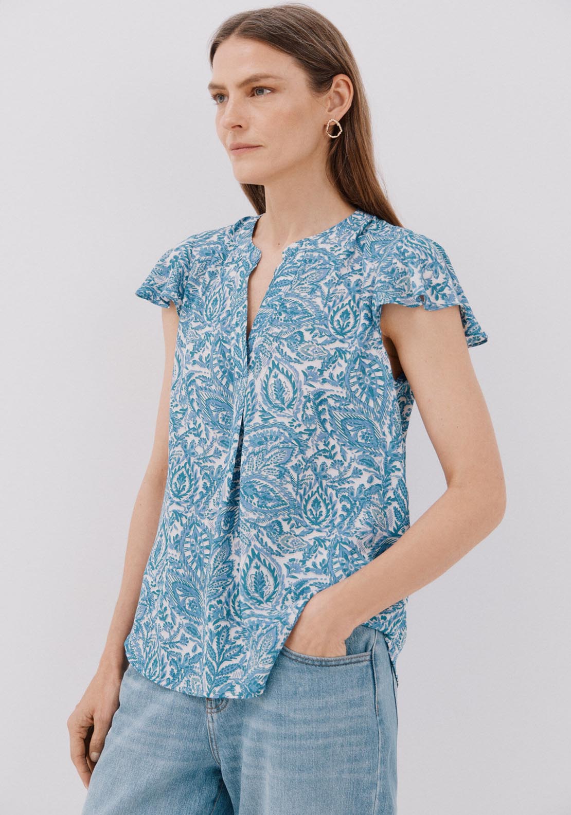 Cortefiel Ruffle Sleeve Blouse - Blue 3 Shaws Department Stores