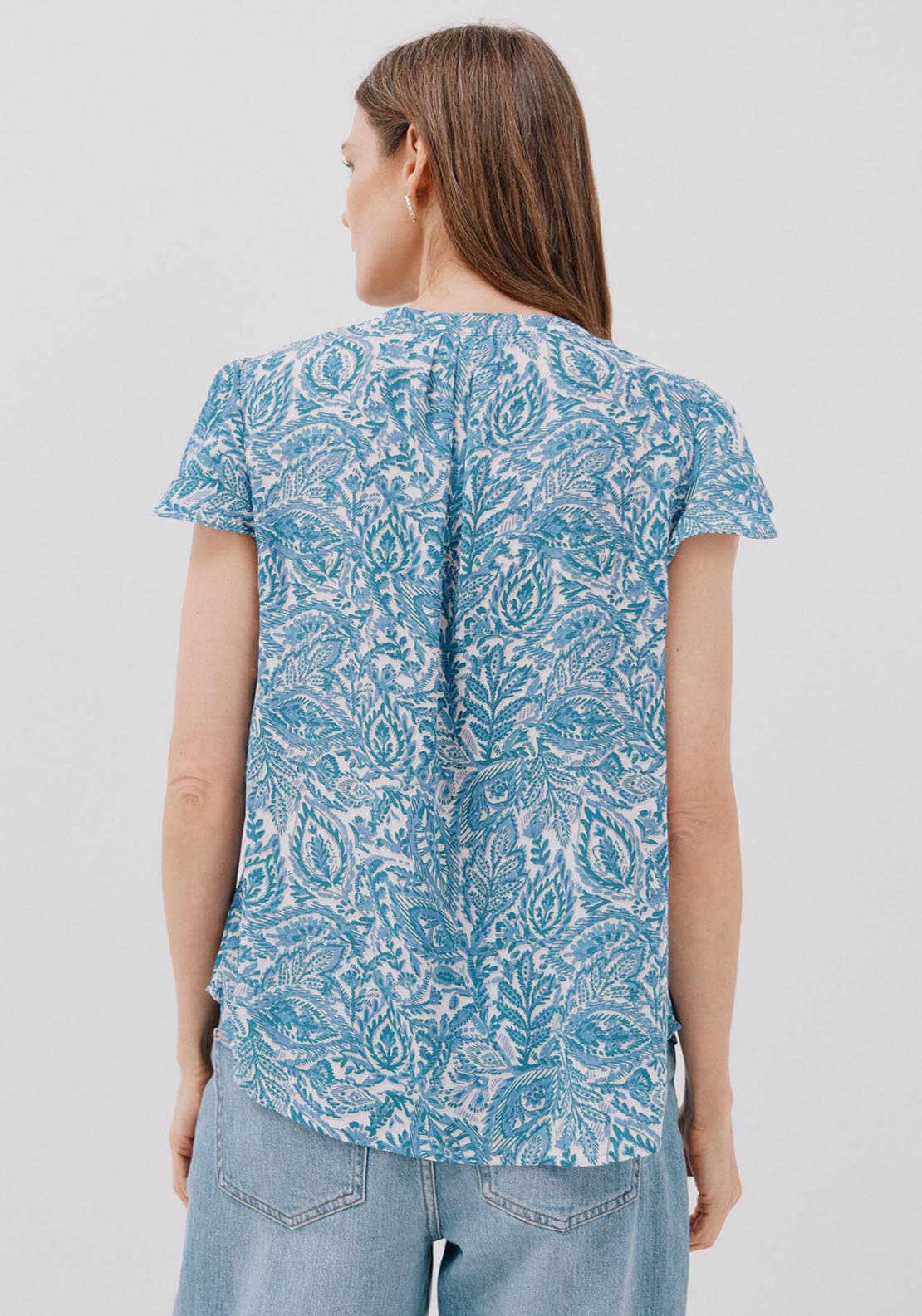 Cortefiel Ruffle Sleeve Blouse - Blue 5 Shaws Department Stores