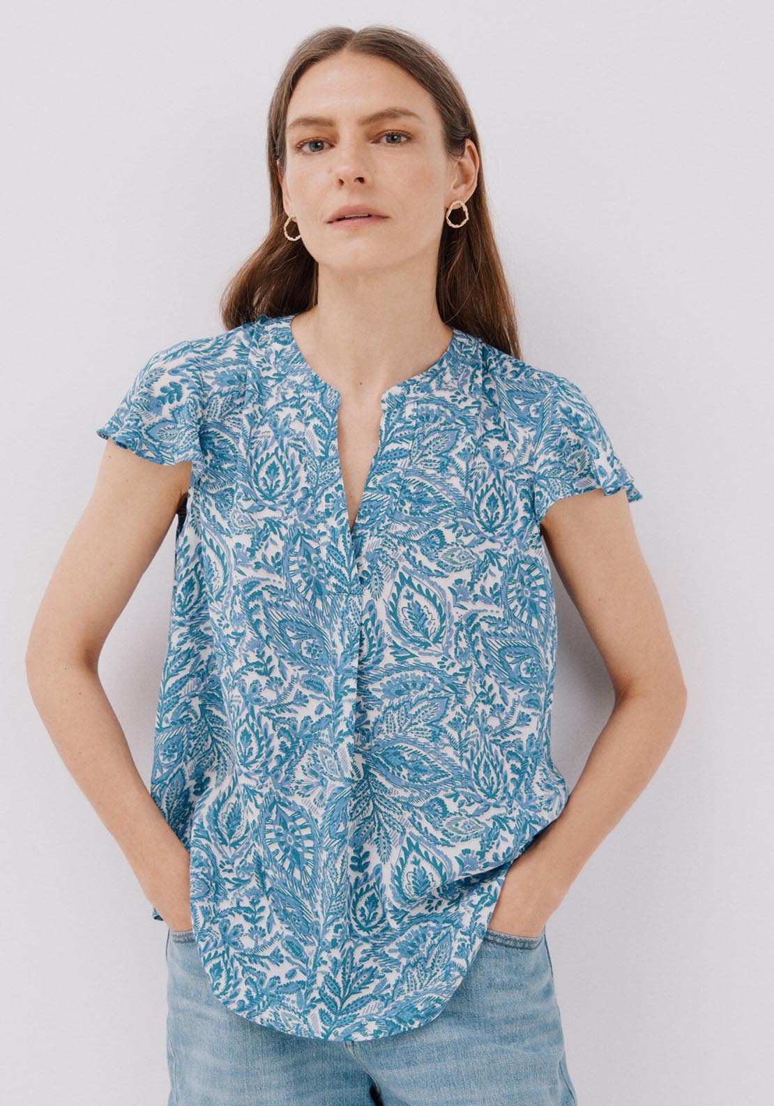 Cortefiel Ruffle Sleeve Blouse - Blue 1 Shaws Department Stores