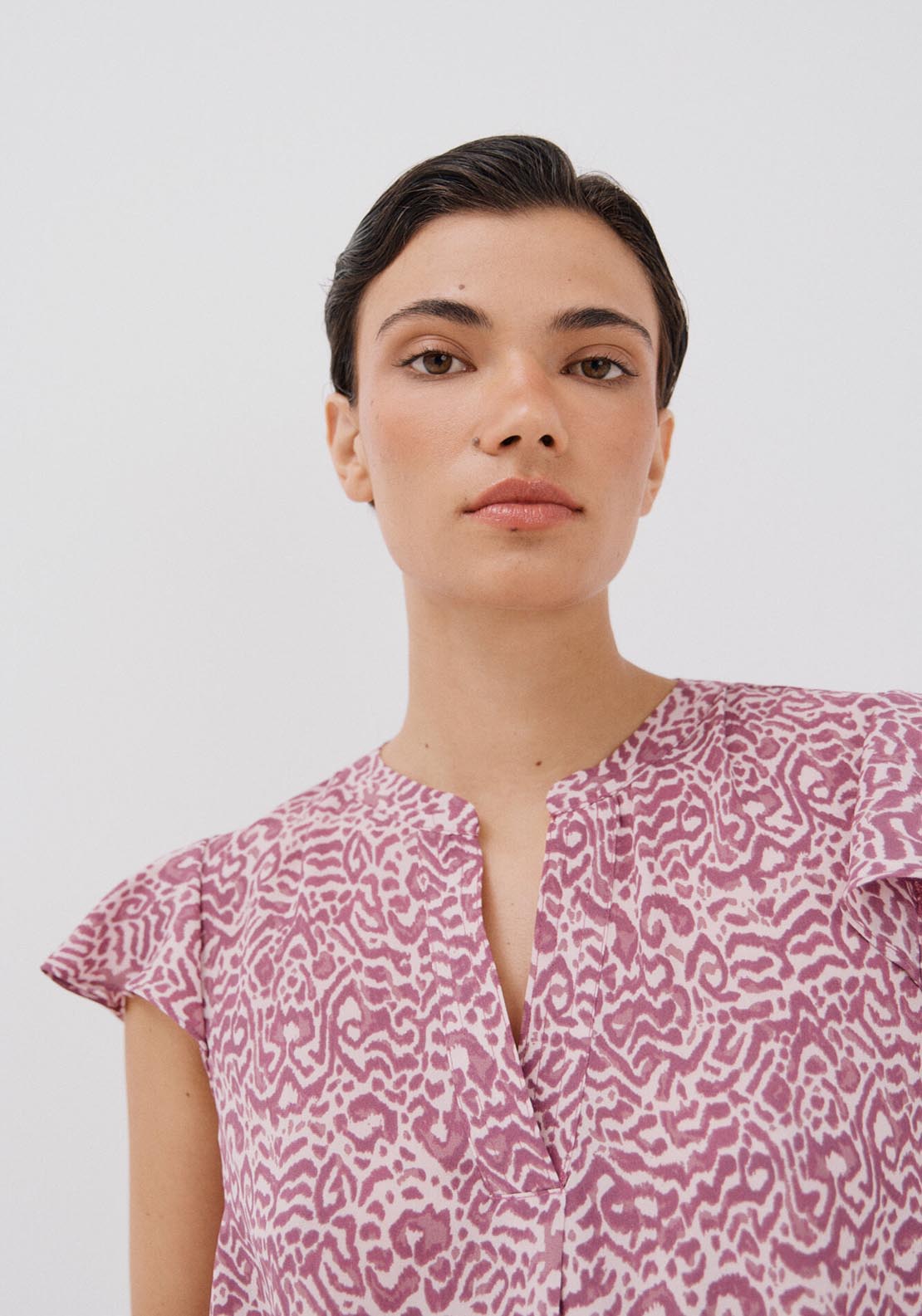 Cortefiel Ruffle Sleeve Blouse - Maroon Print 3 Shaws Department Stores