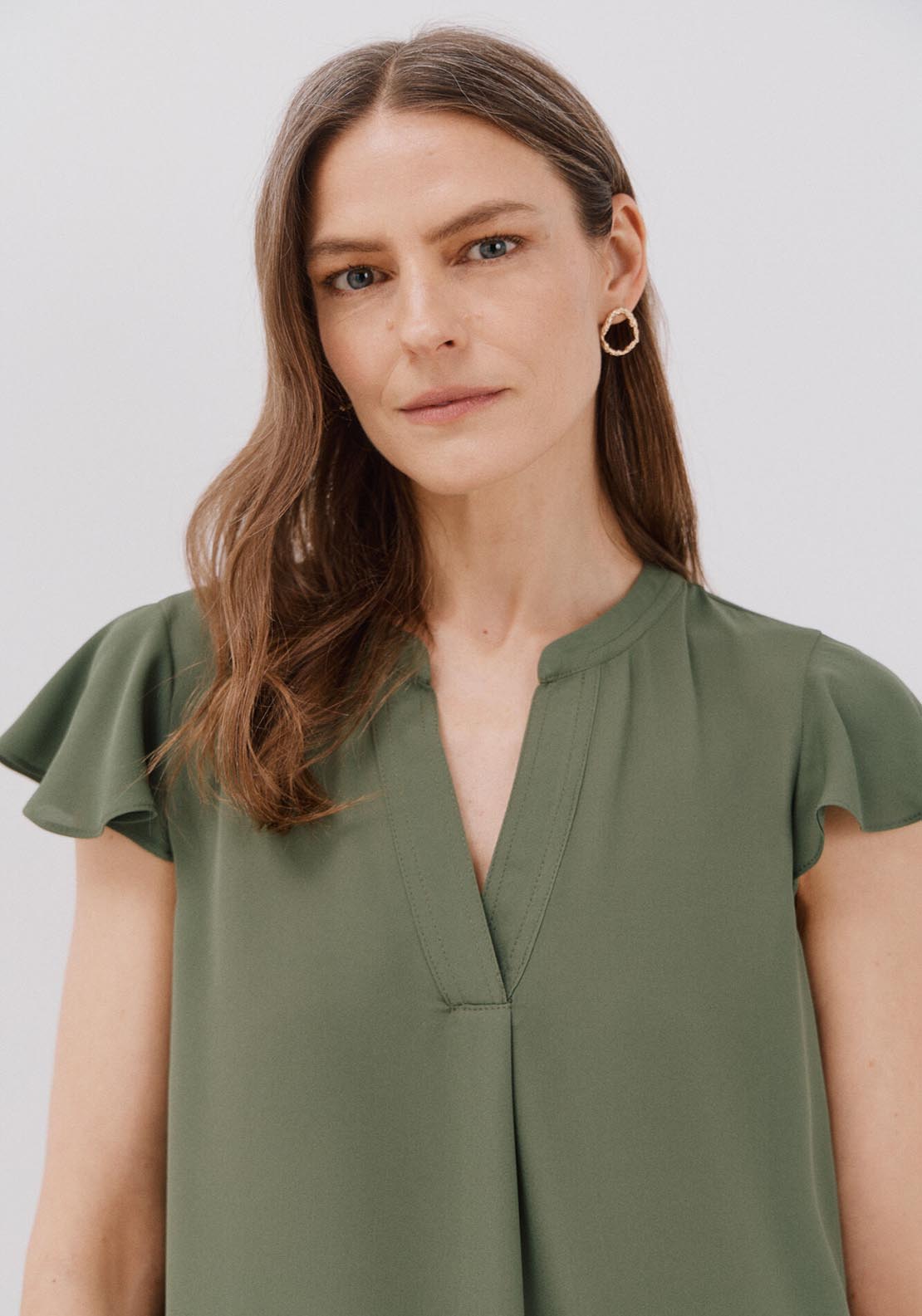 Cortefiel Ruffle Sleeve Blouse - Light Khaki 2 Shaws Department Stores