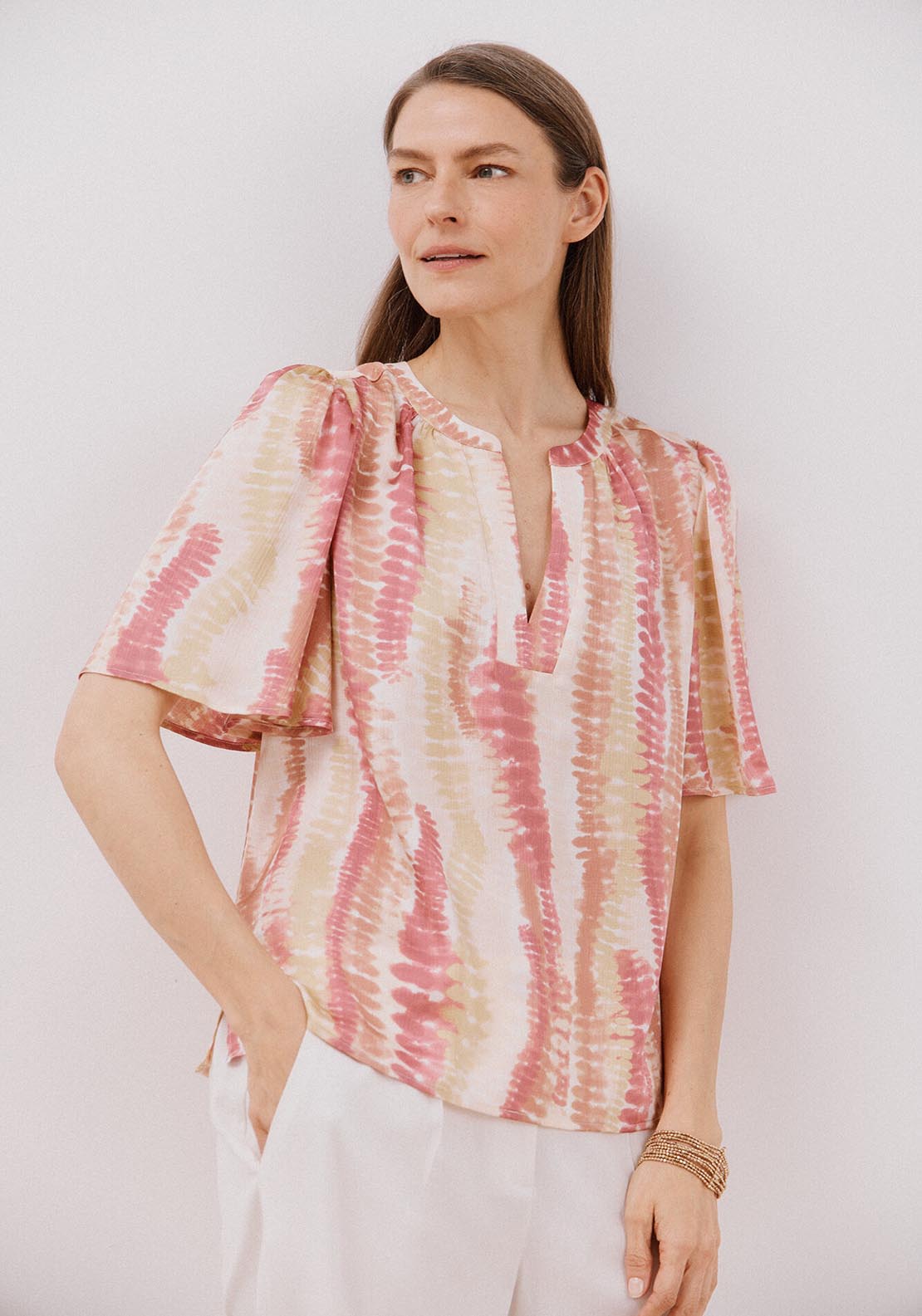 Cortefiel Flared Sleeve Blouse - Yellow Print 4 Shaws Department Stores