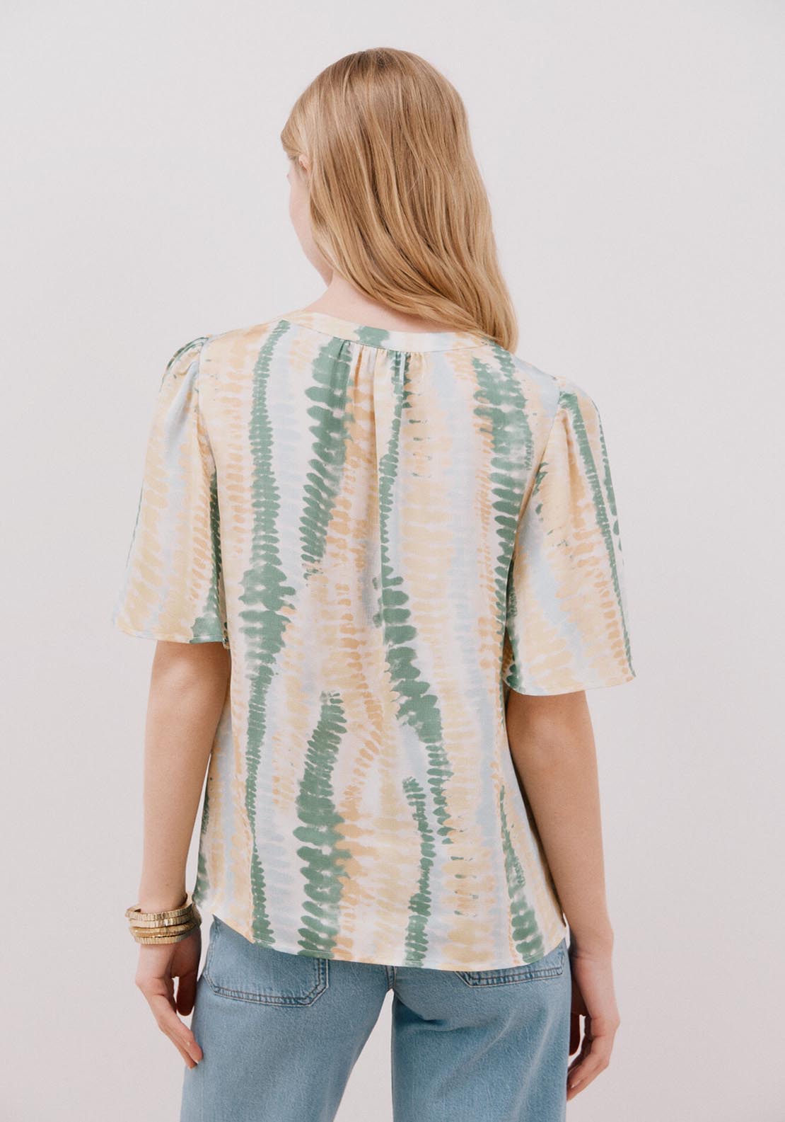 Cortefiel Flared Sleeve Blouse - Green Print 2 Shaws Department Stores