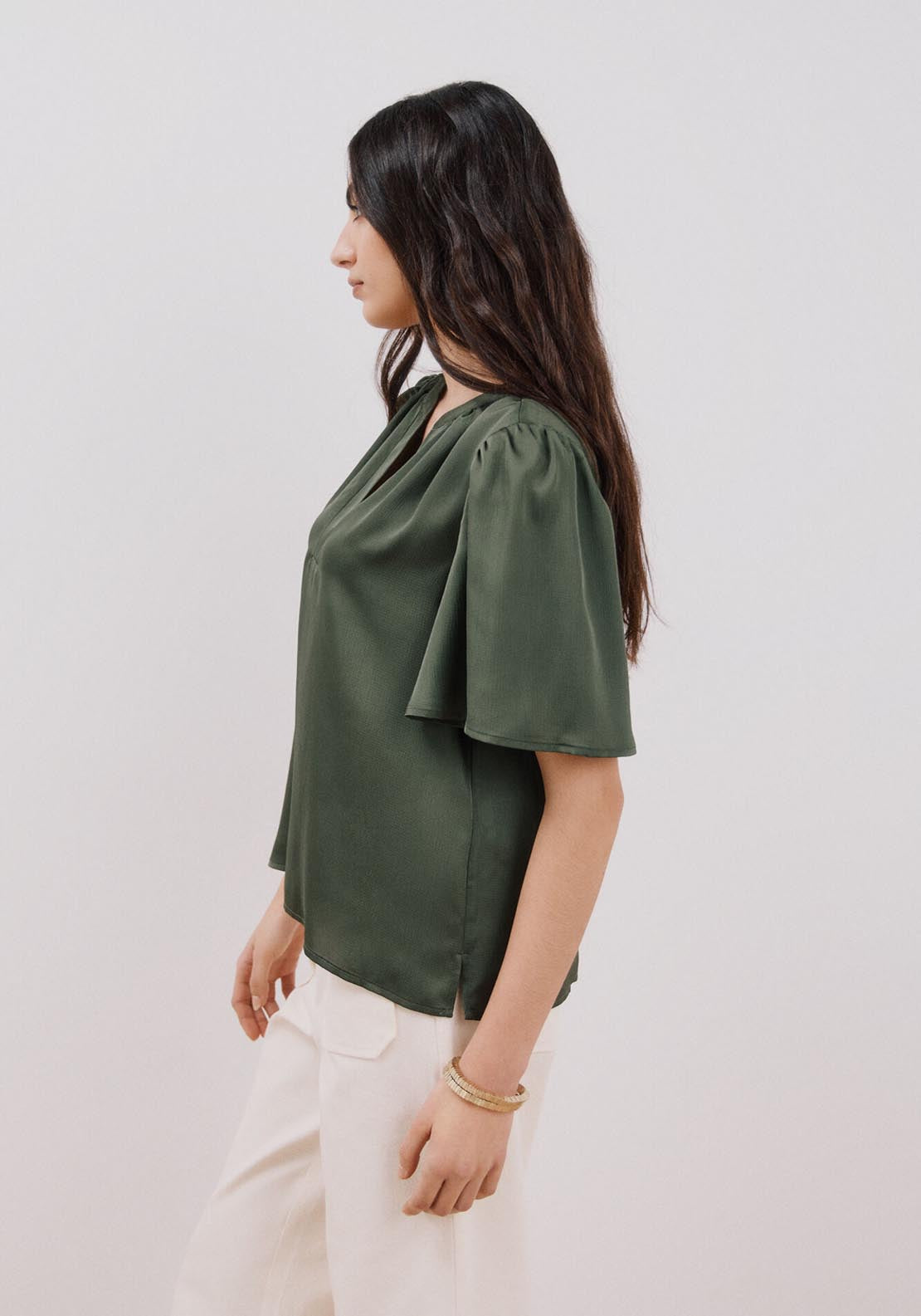 Cortefiel Flared Sleeve Blouse - Light Khaki 3 Shaws Department Stores