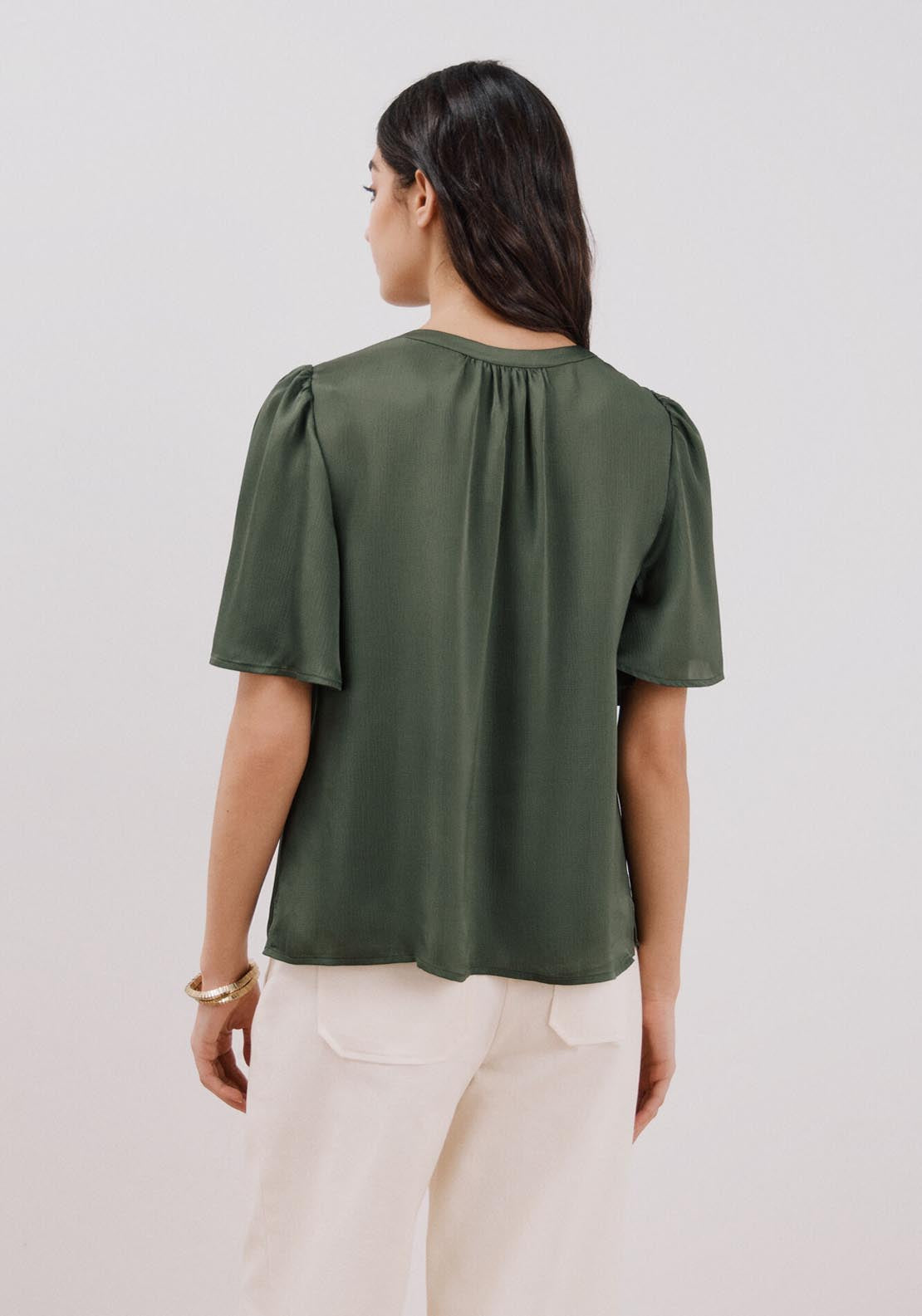 Cortefiel Flared Sleeve Blouse - Light Khaki 2 Shaws Department Stores