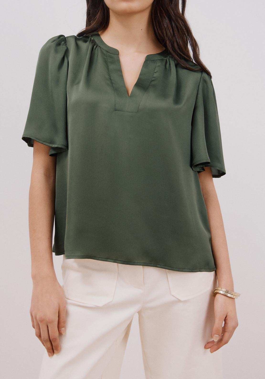 Cortefiel Flared Sleeve Blouse - Light Khaki 4 Shaws Department Stores