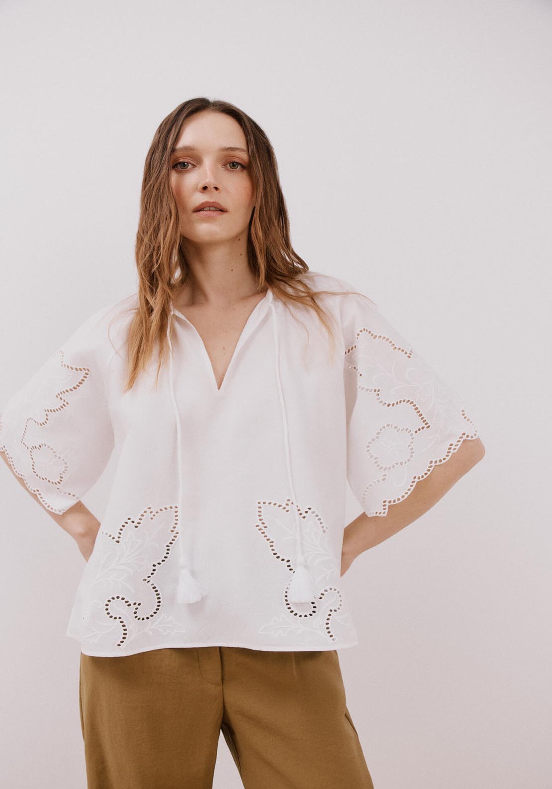 Cortefiel Openwork Embroidered Blouse - White 1 Shaws Department Stores