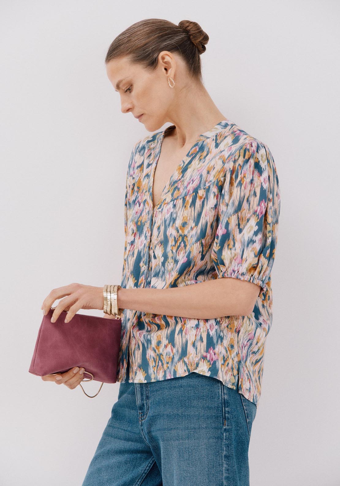Cortefiel Short-Sleeved Blouse - Blue 3 Shaws Department Stores