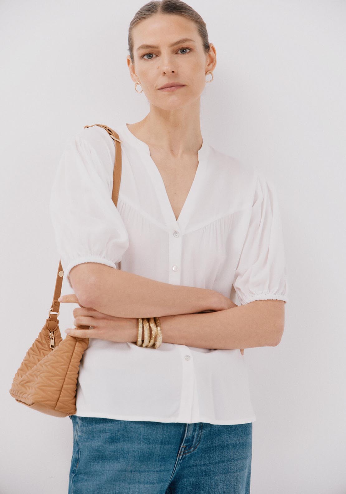 Cortefiel Short-Sleeved Blouse - White 1 Shaws Department Stores