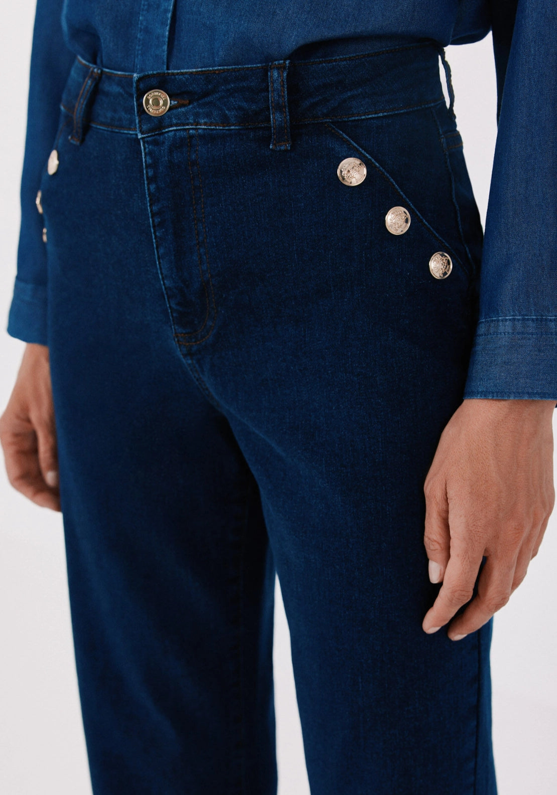 Sailor Style Palazzo Jeans With Buttons - Medium Blue