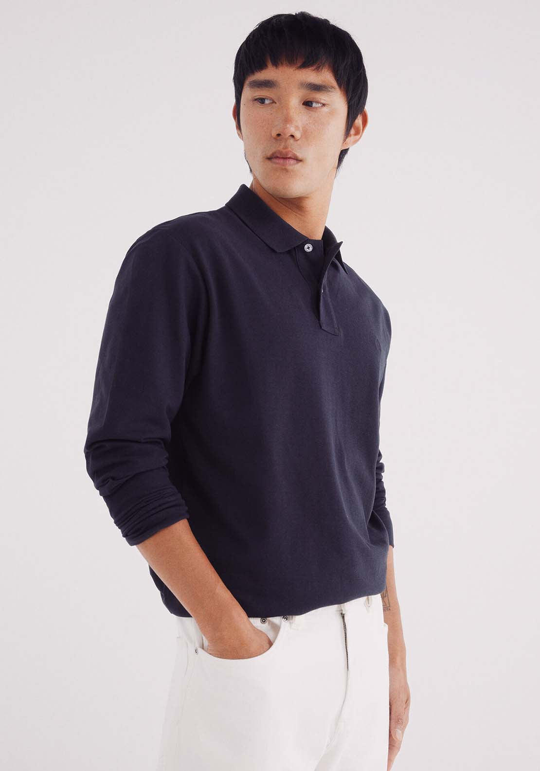 Basic Long Sleeve Regular Fit Piqué Polo Shirt - Blue