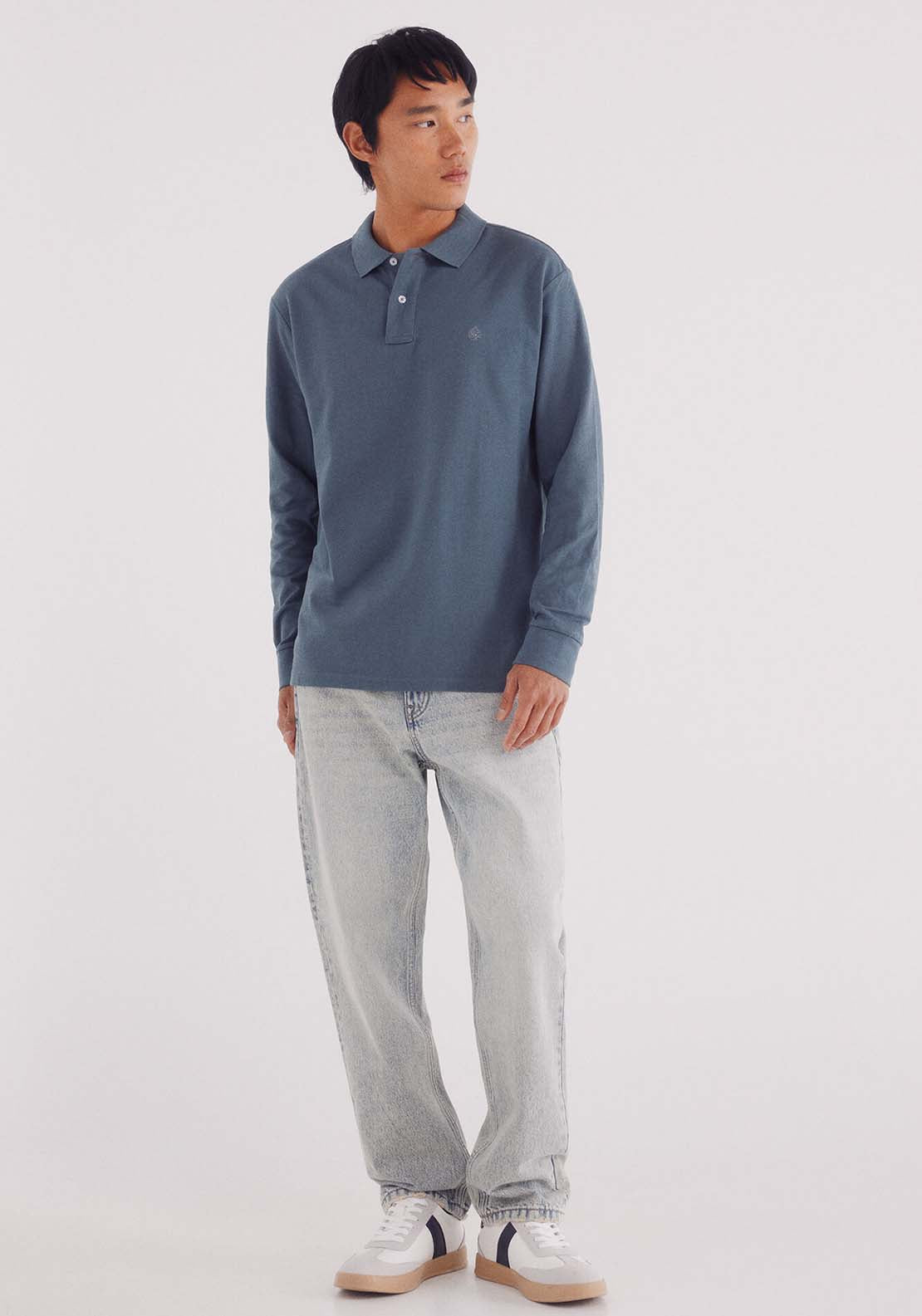 Basic Long Sleeve Regular Fit Piqué Polo Shirt - Blue