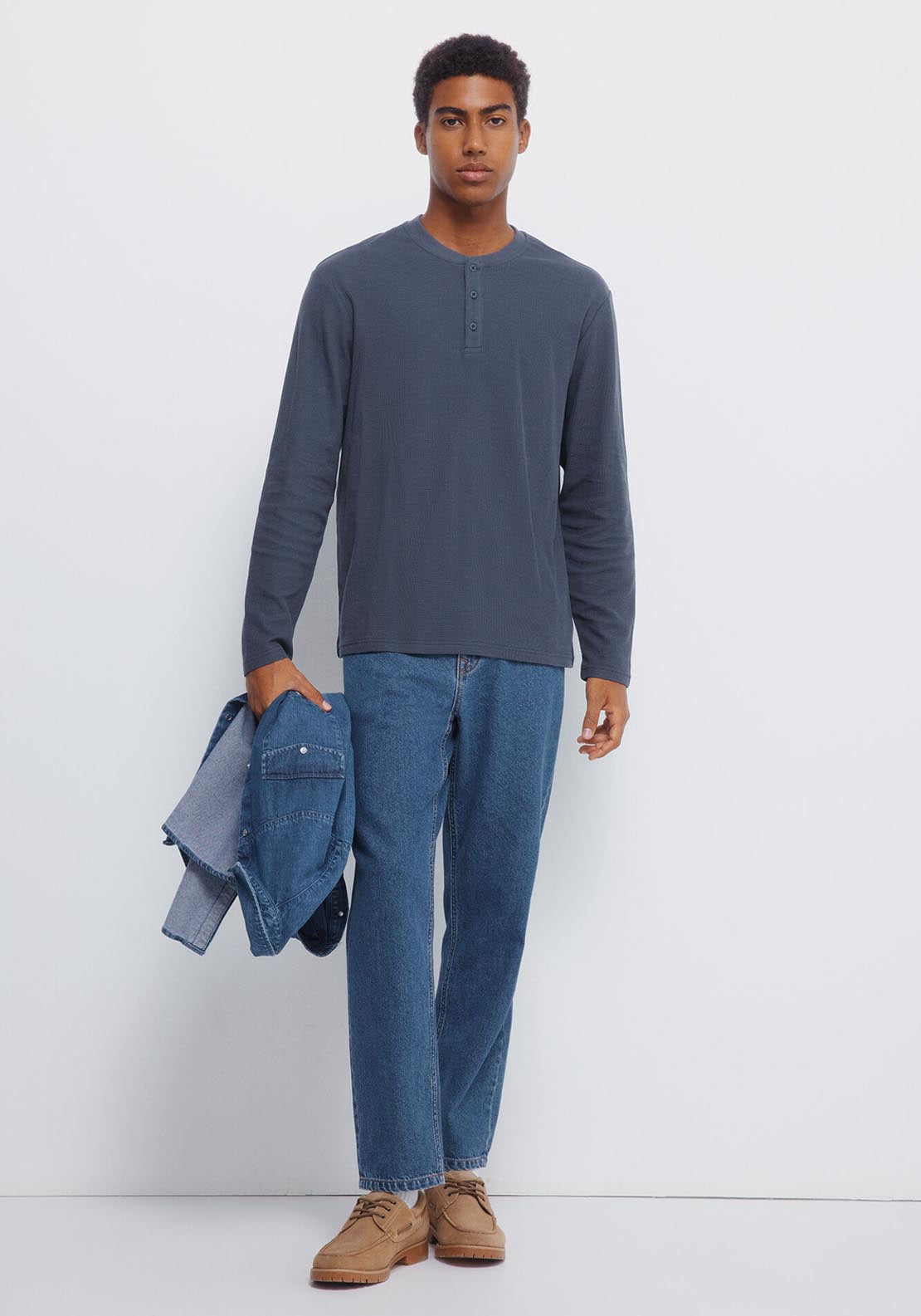 Henley Waffle Long Sleeve T-Shirt - Blue