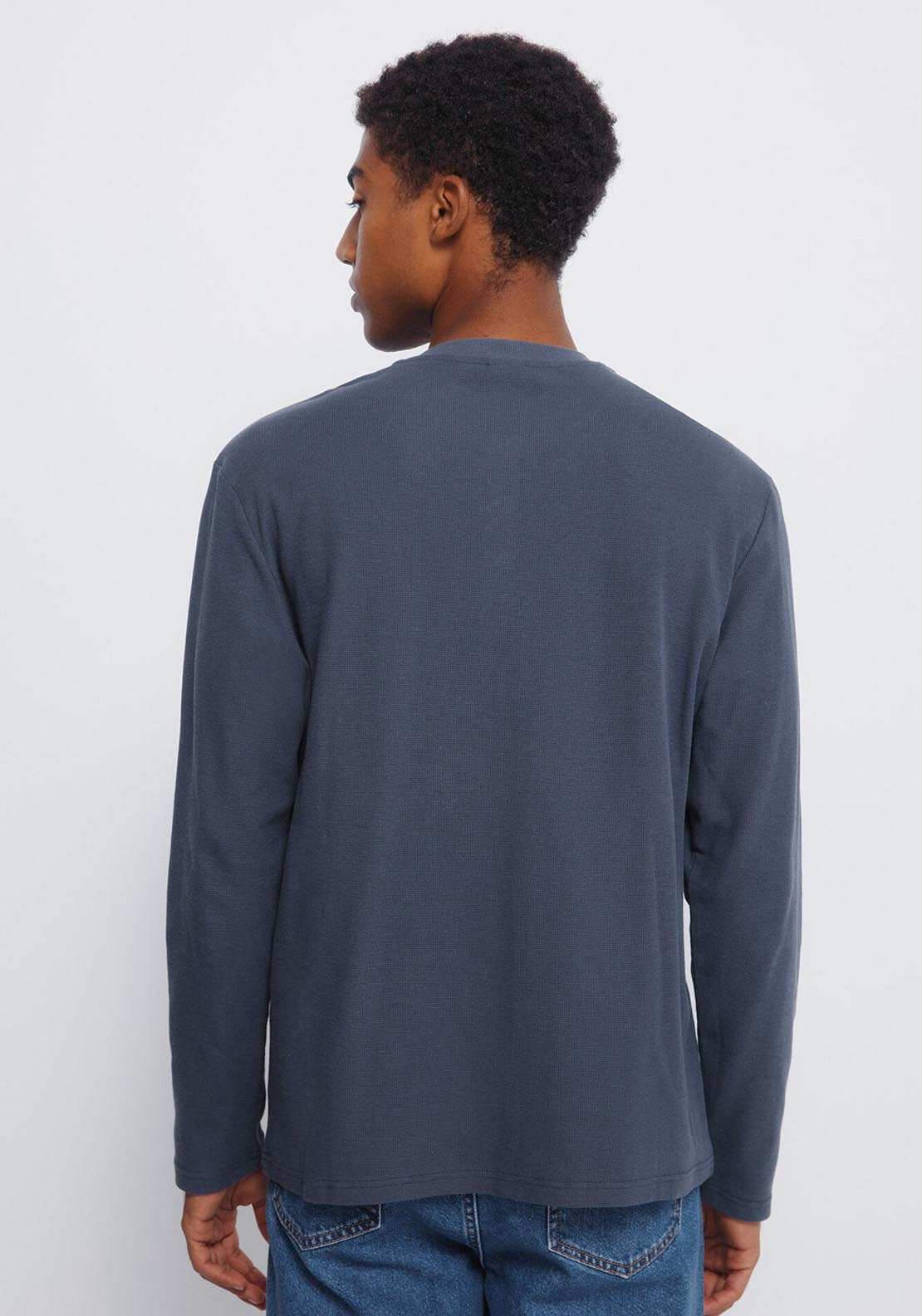 Henley Waffle Long Sleeve T-Shirt - Blue