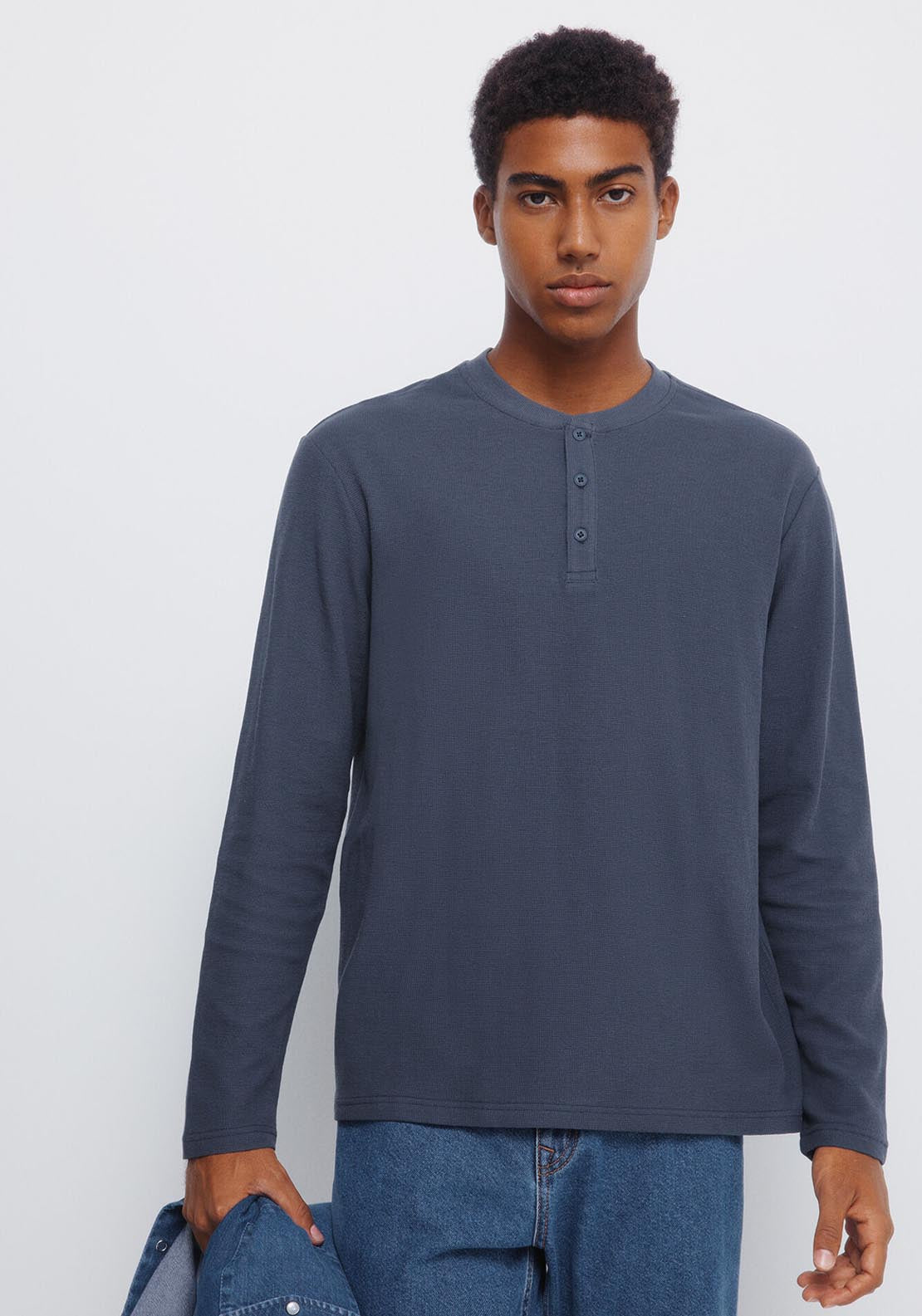 Henley Waffle Long Sleeve T-Shirt - Blue