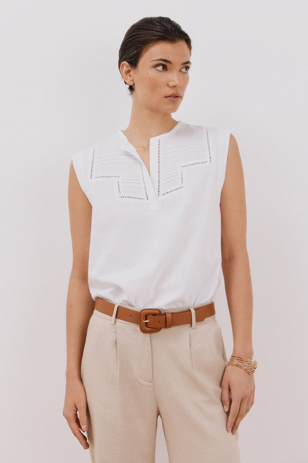 Cortefiel Linen Combination Top - White 1 Shaws Department Stores