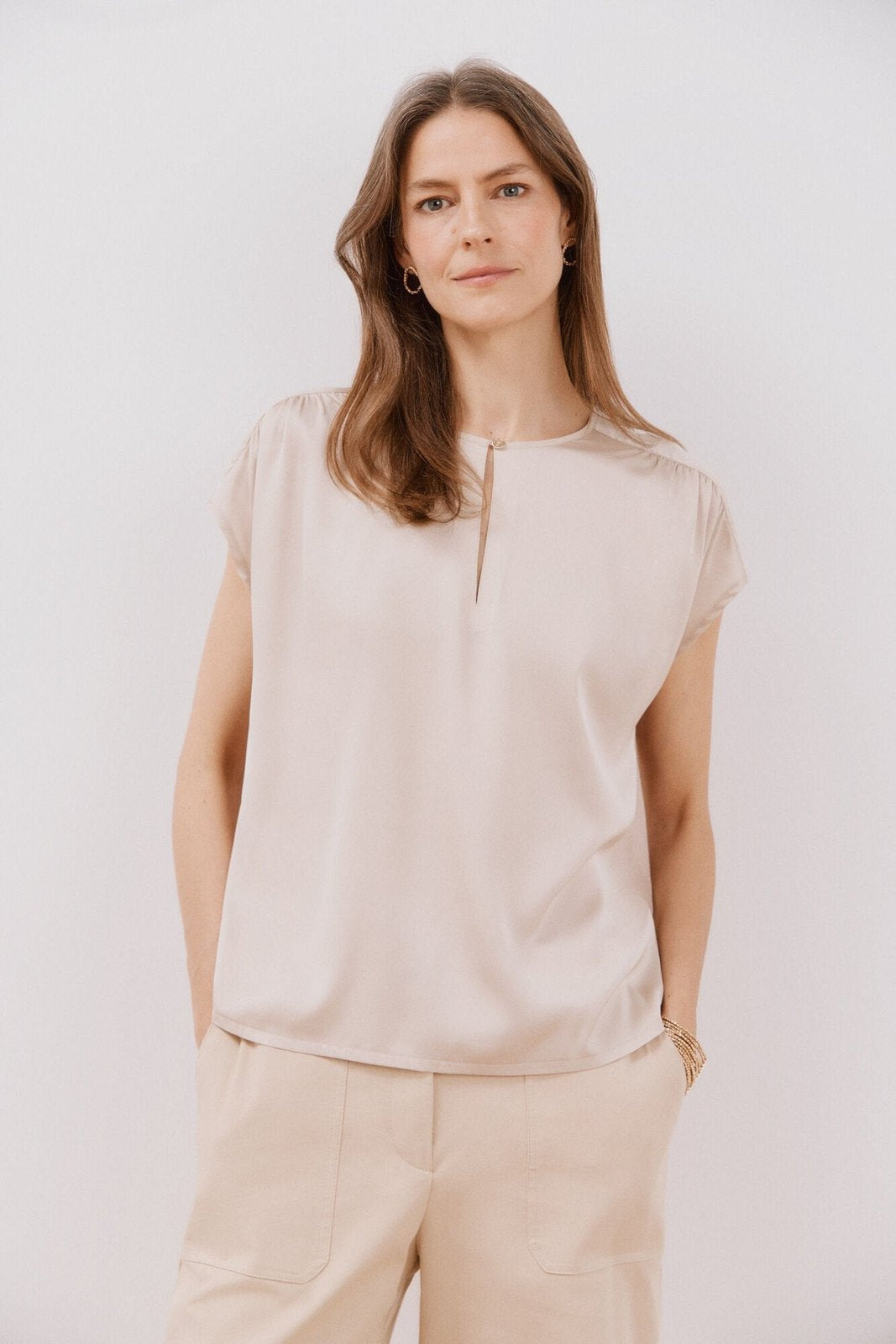 Cortefiel Combined Satin Top - Sand 1 Shaws Department Stores