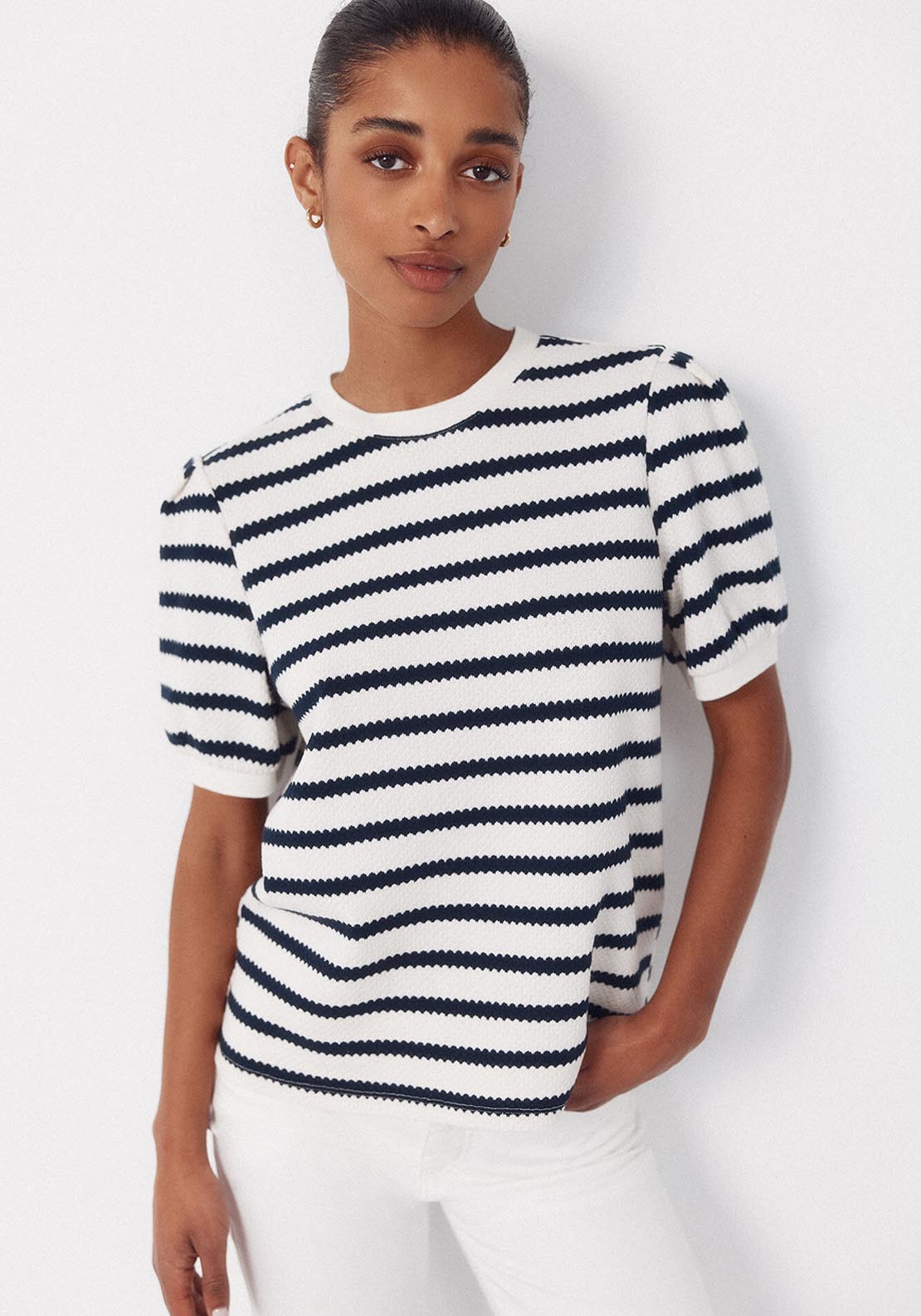 Cortefiel Striped Structured Printed Top - Blue 1 Shaws Department Stores