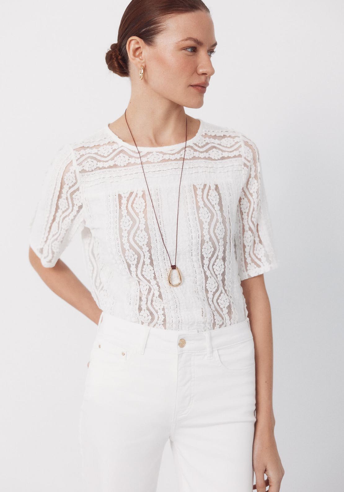 Cortefiel Round Neck Lace Top - White 1 Shaws Department Stores