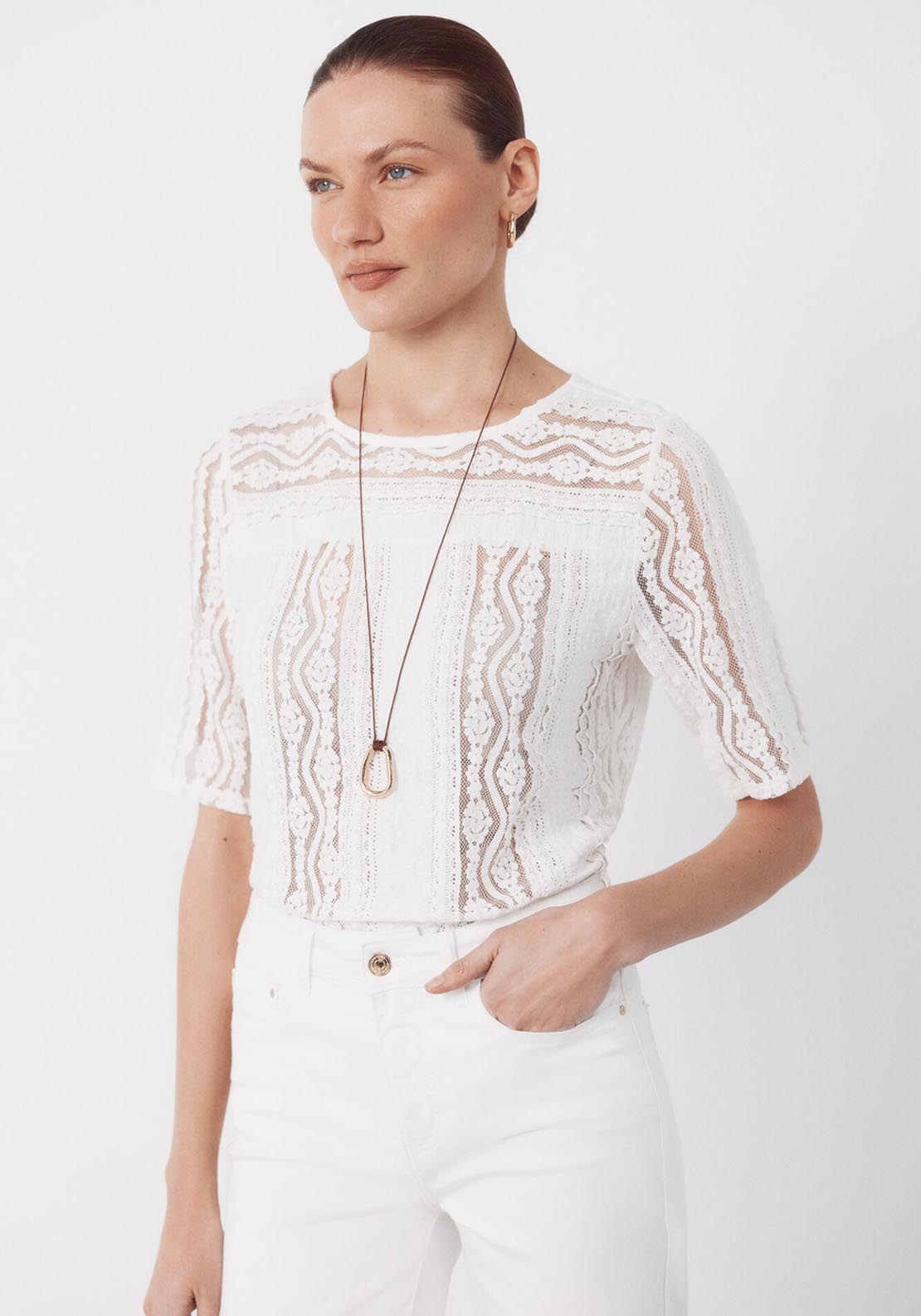 Cortefiel Round Neck Lace Top - White 2 Shaws Department Stores