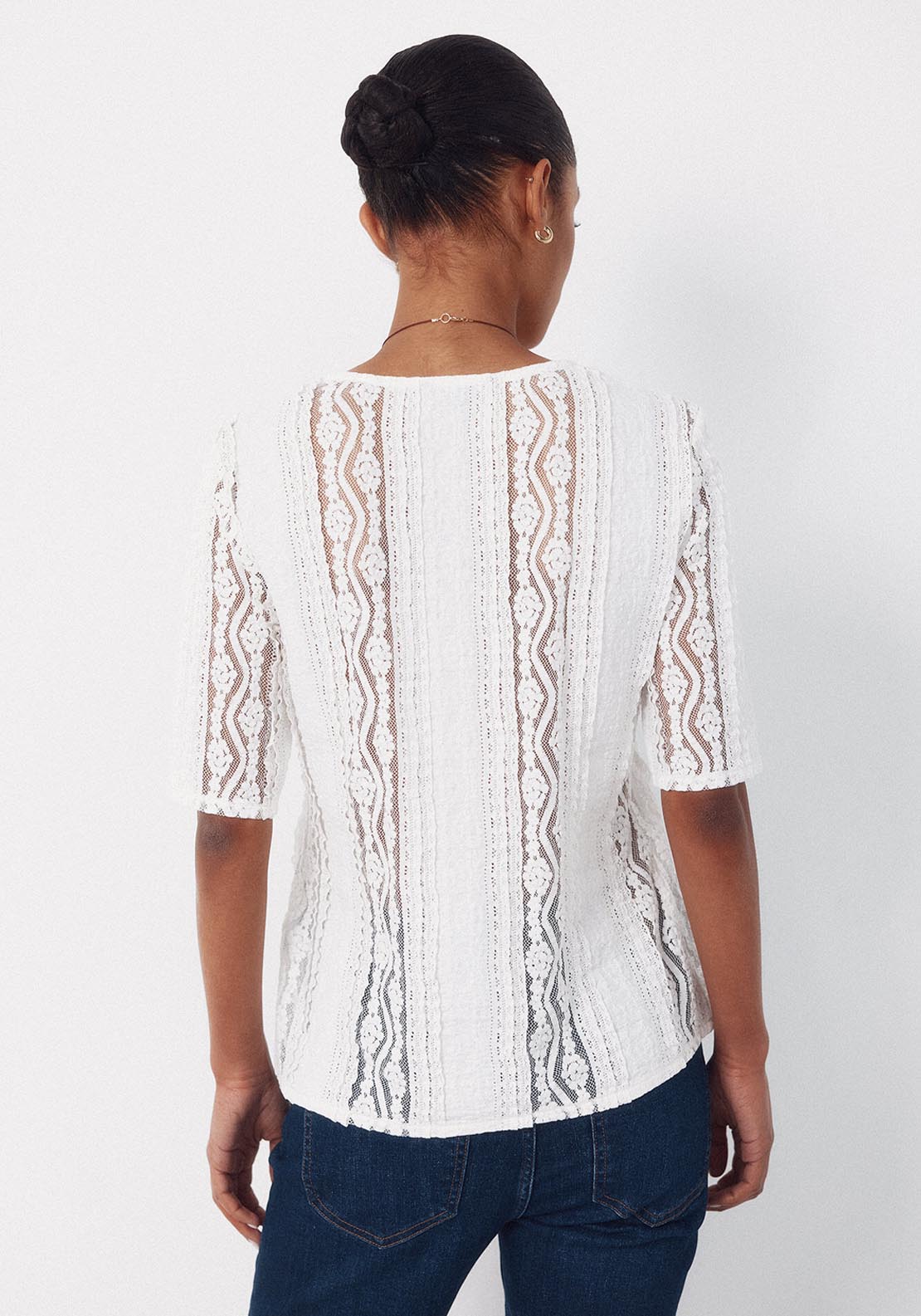 V Neck Lace Fabric Top - White