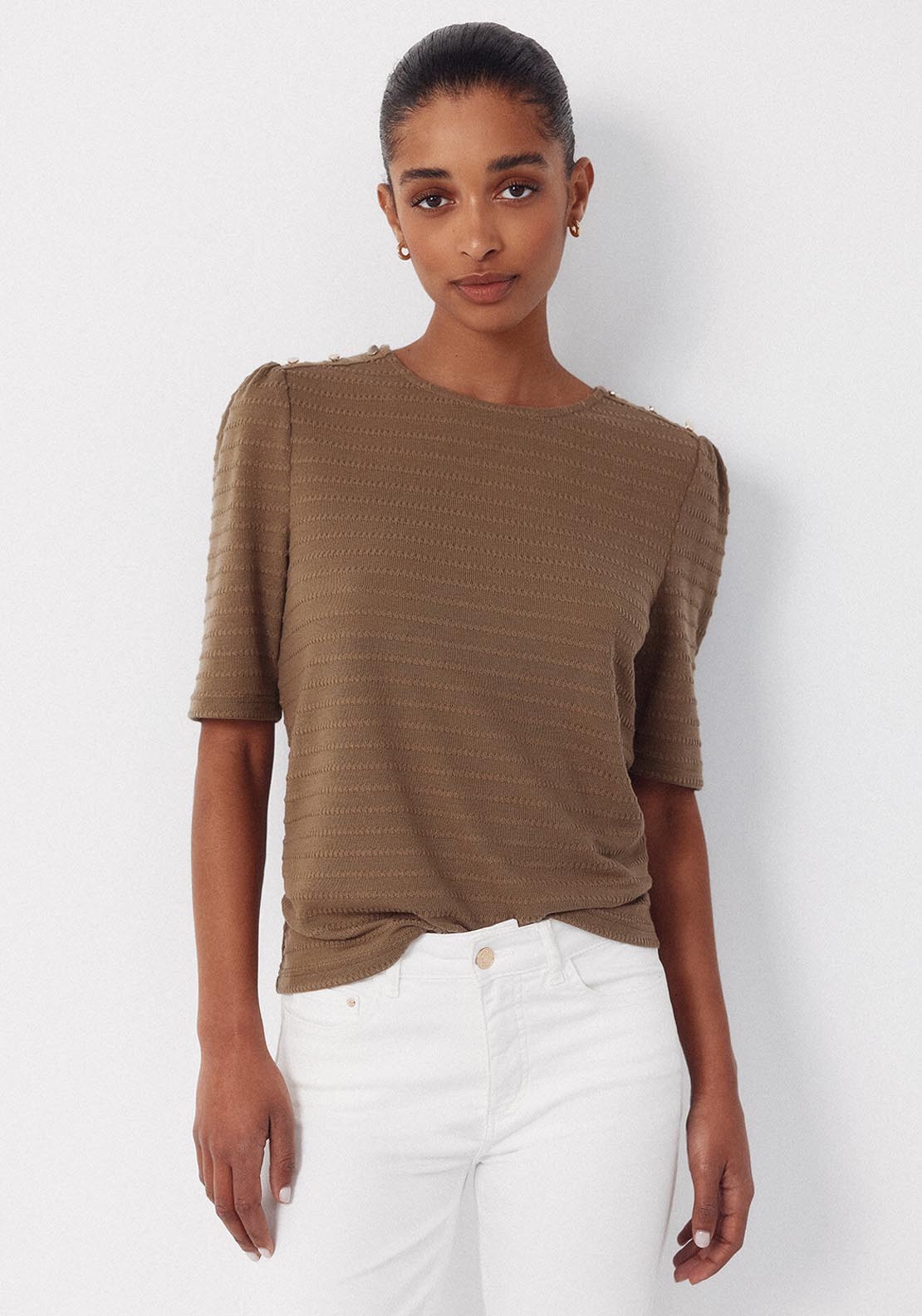 Striped Structured T Shirt - Beige