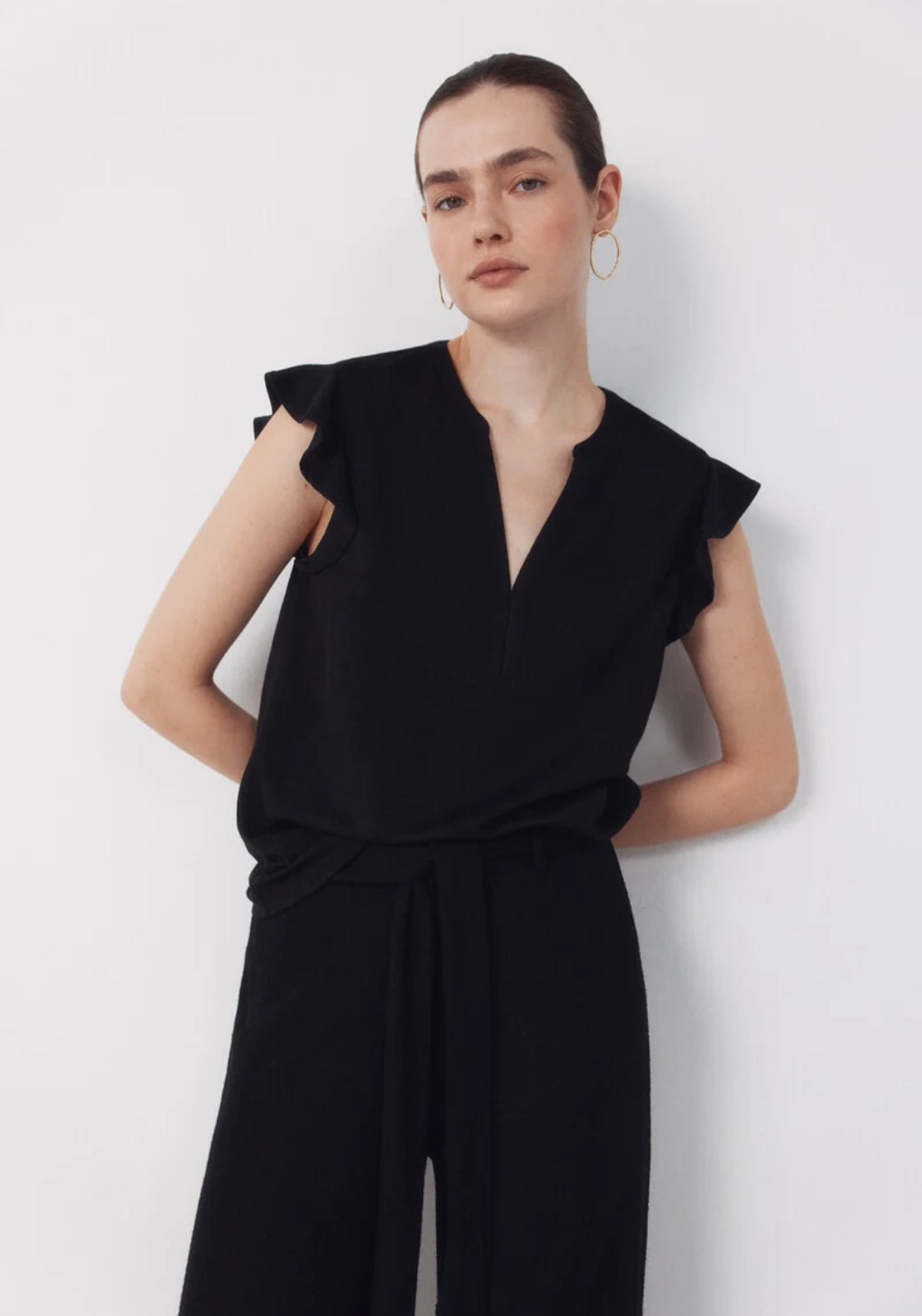 Cortefiel Flounced Sleeve T Shirt - Black 1 Shaws Department Stores