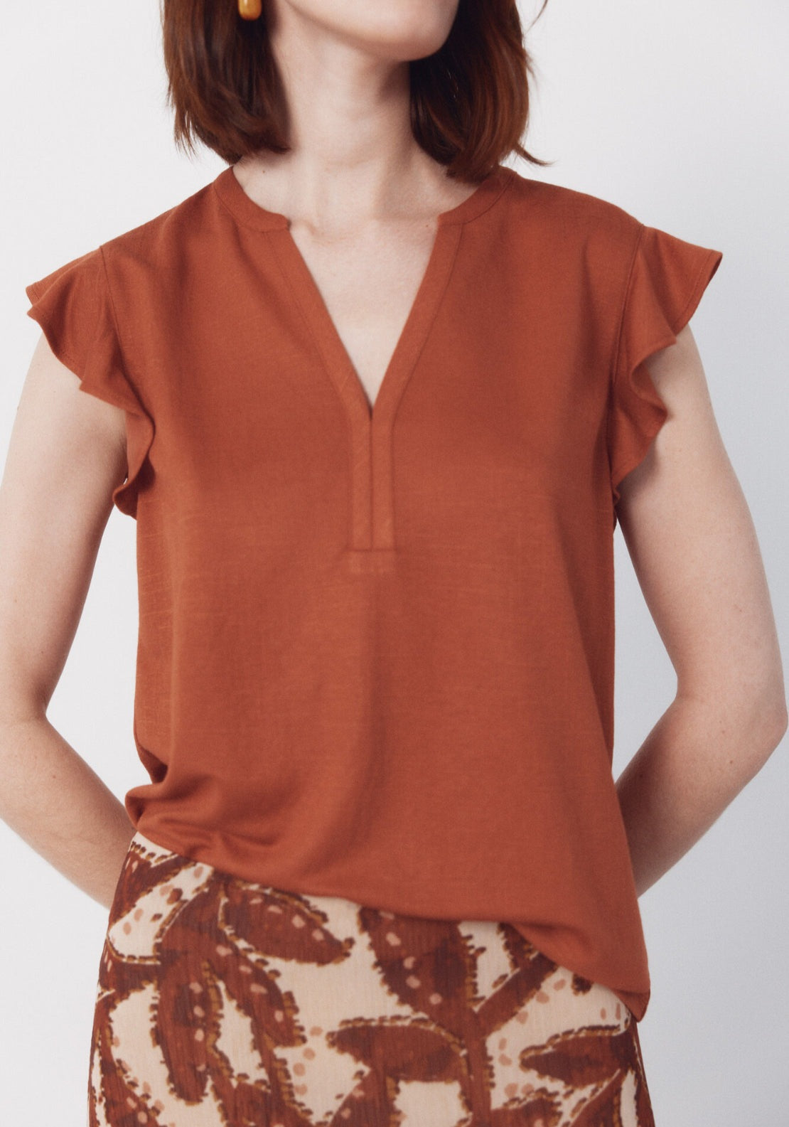Cortefiel Flounced Sleeve T Shirt - Brown 3 Shaws Department Stores