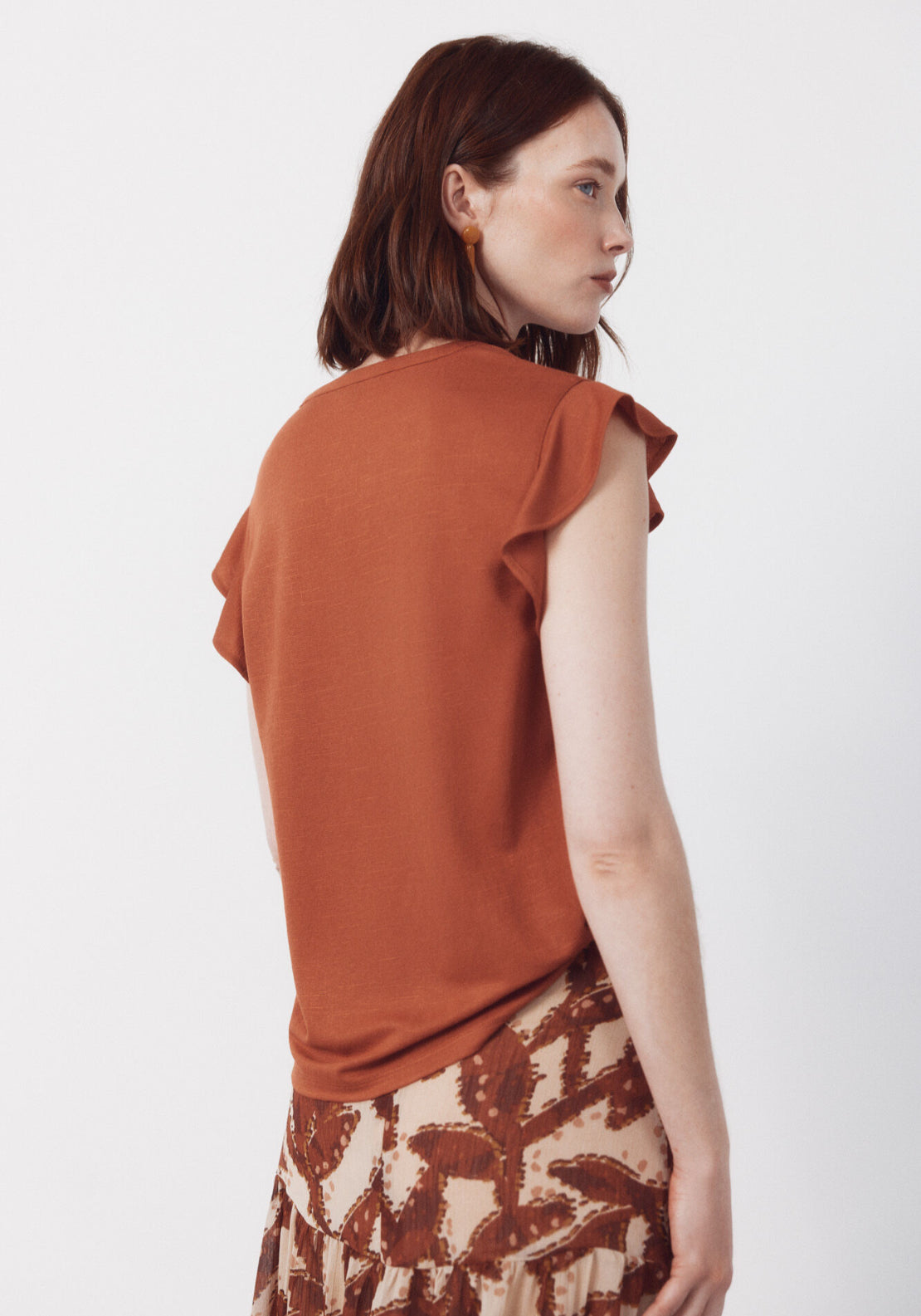 Cortefiel Flounced Sleeve T Shirt - Brown 2 Shaws Department Stores