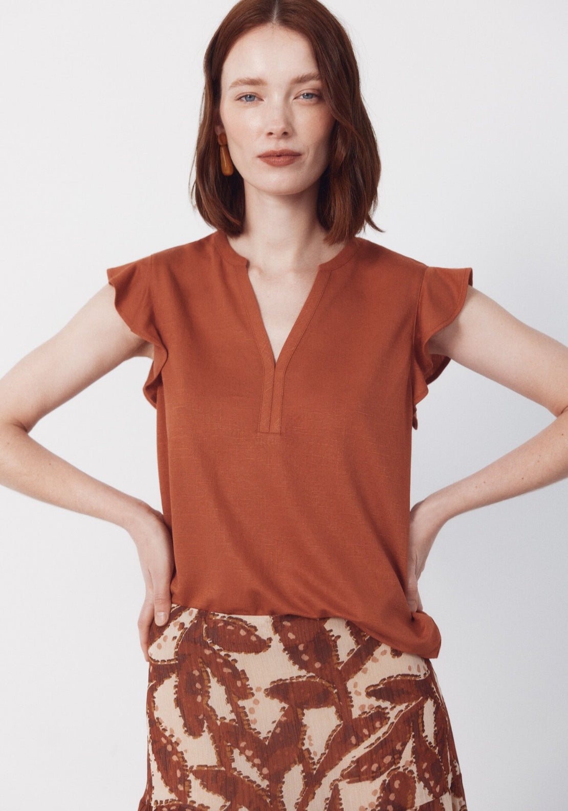 Cortefiel Flounced Sleeve T Shirt - Brown 1 Shaws Department Stores