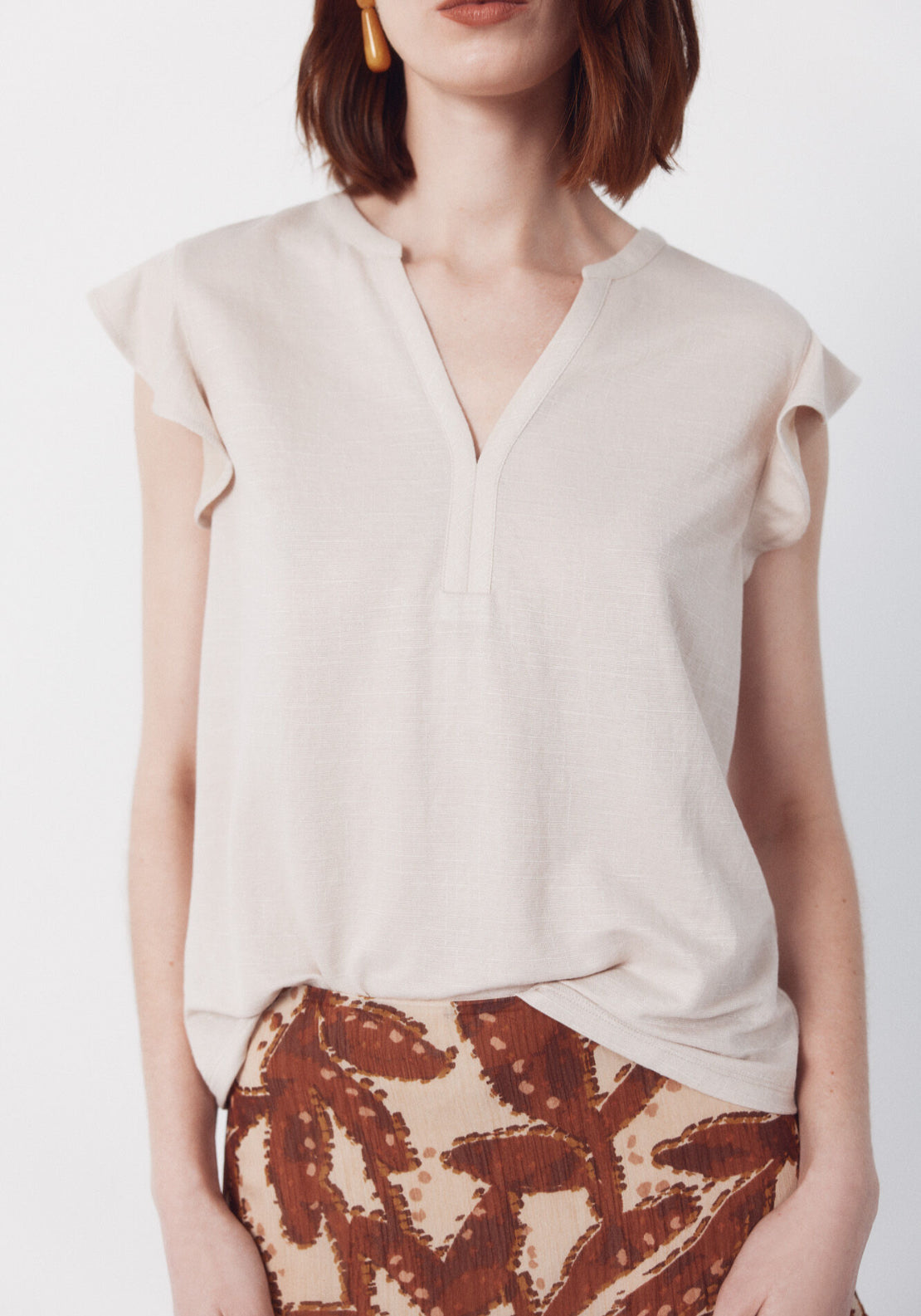 Cortefiel Flounced Sleeve T Shirt - Beige 3 Shaws Department Stores
