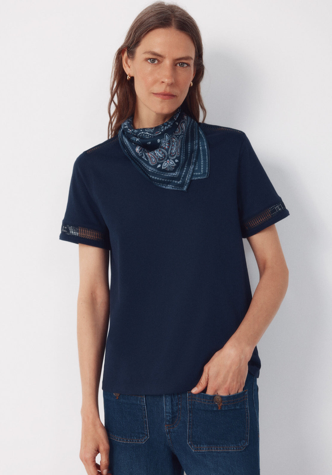 Hemstitch Detail Cotton T-Shirt - Navy