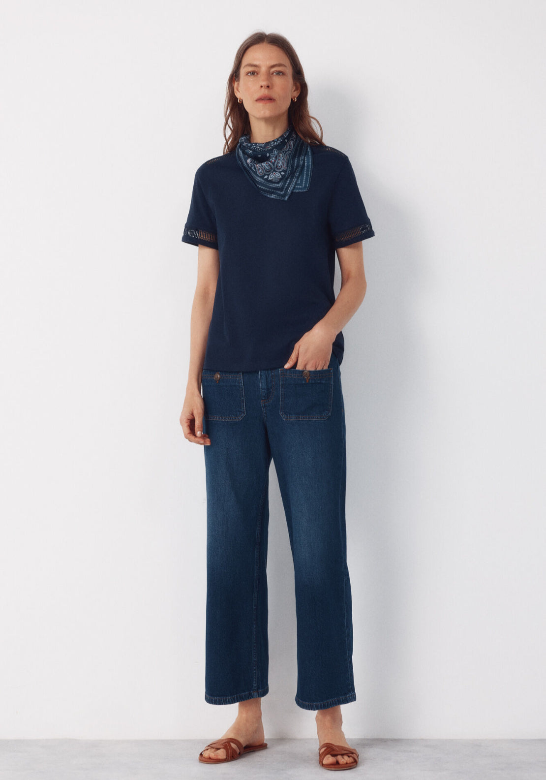 Hemstitch Detail Cotton T-Shirt - Navy