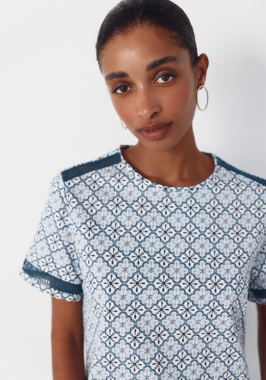 Cortefiel Hemstitch Detail Cotton T-Shirt - Blue 3 Shaws Department Stores