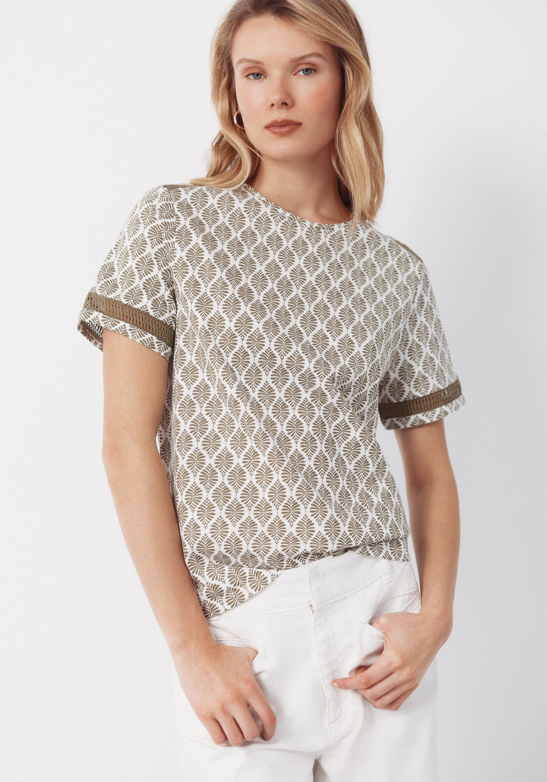 Cortefiel Hemstitch Detail Cotton T-Shirt - Green 1 Shaws Department Stores