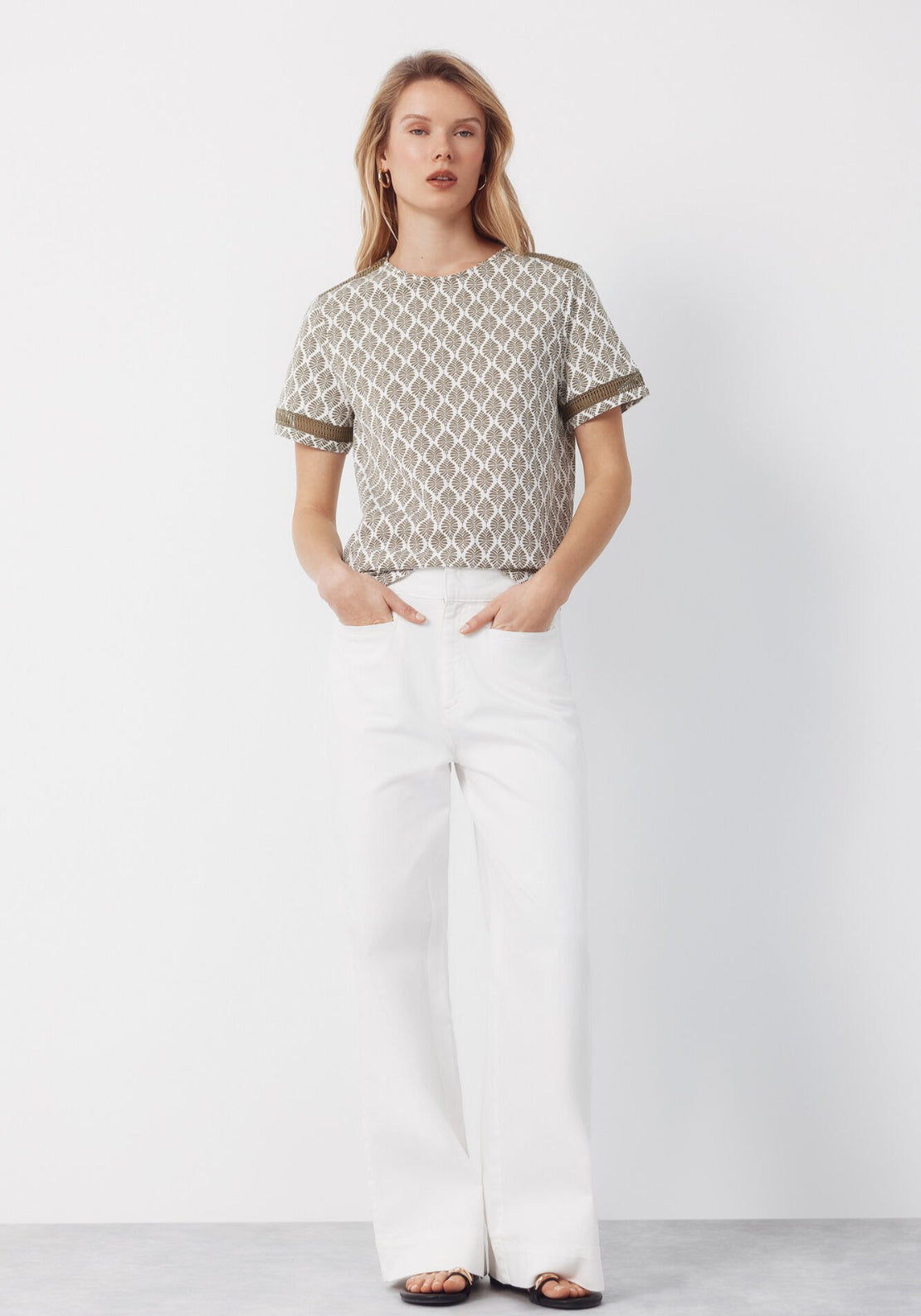 Cortefiel Hemstitch Detail Cotton T-Shirt - Green 4 Shaws Department Stores