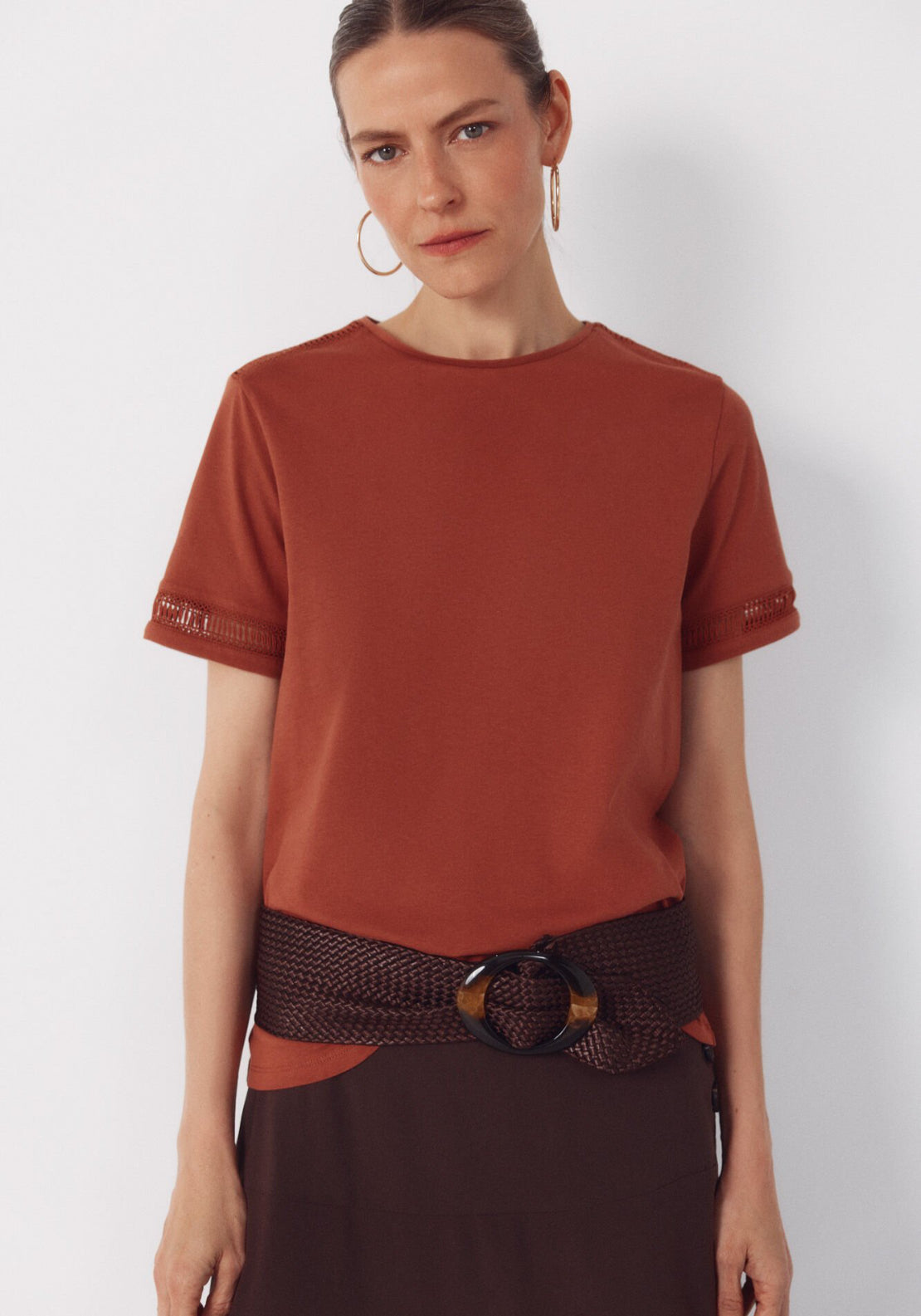 Cortefiel Hemstitch Detail Cotton T-Shirt - Brown 1 Shaws Department Stores